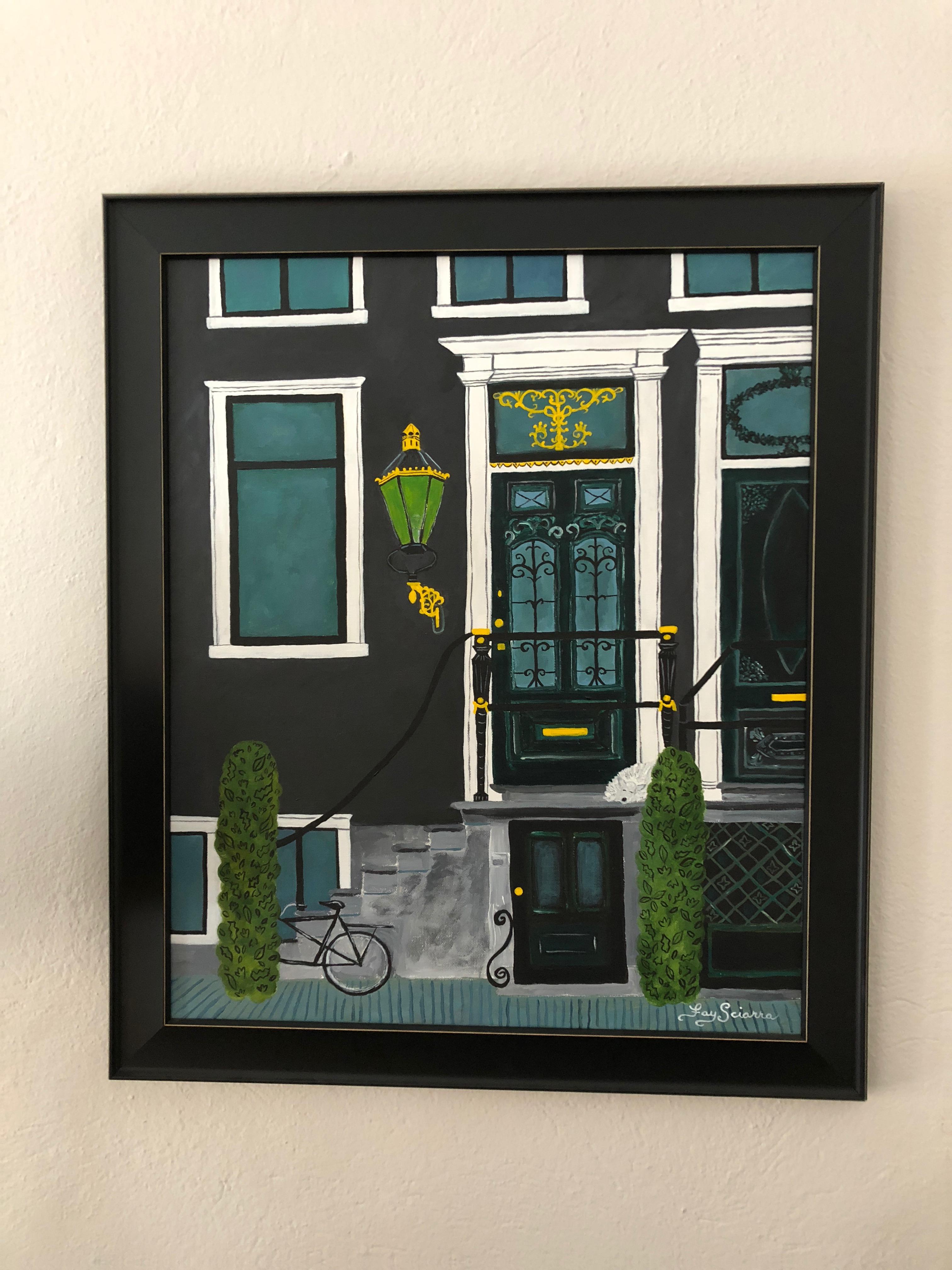 Elegant stylized giclee on canvas of an Amsterdam front door and fascade painted in a graphic sophisticated color palette of black, white, green and teal. An adorable white furry dog is resting on the landing and a typical bicycle is parked out