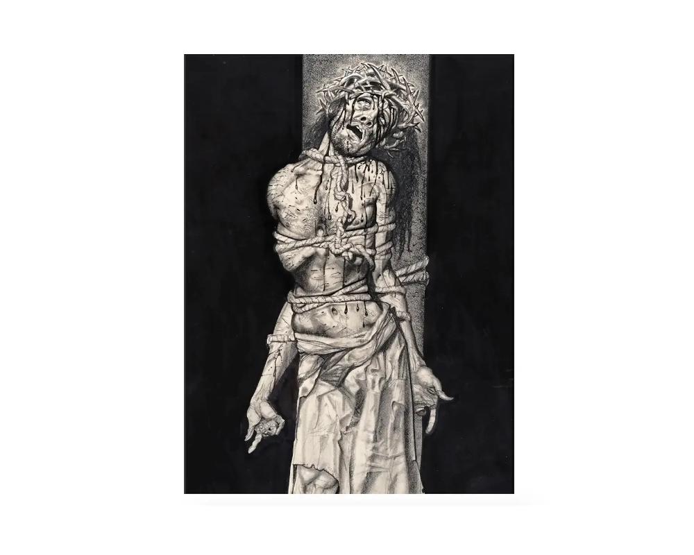 Simon Bisley, English, born 1962, graphite and ink on paper drawing of the bound Christ on deep black ground, 2000. Signed and dated on the lower right: Simon 00. Framed. One of a kind artwork. Note: Simon Beasley is a comic book artist whose work