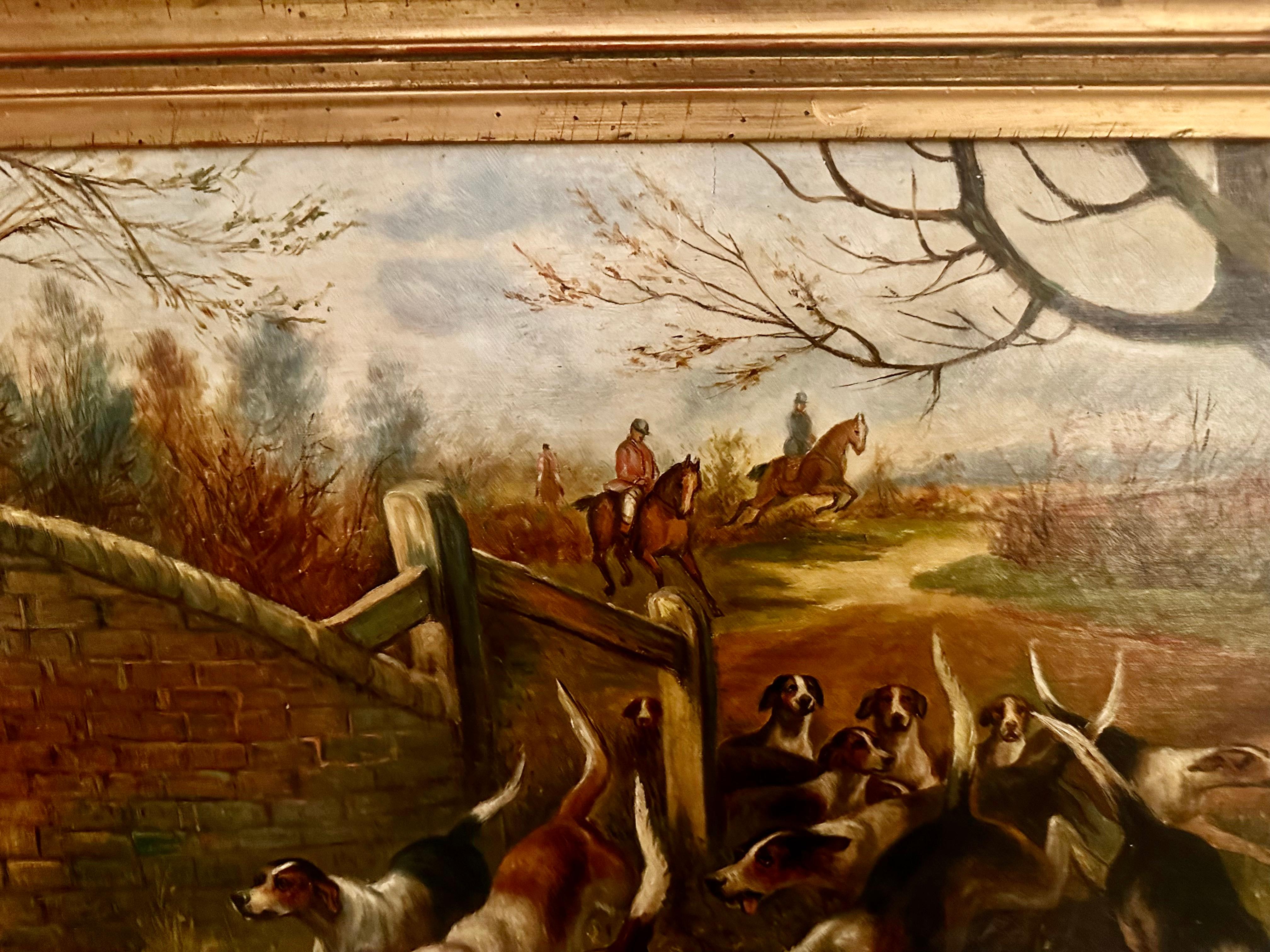 Artist Arthur Alfred Davis (British, 1877-1905)
“Into the River”
19th century sporting oil painting of dogs hunting

Image size: 30”x 20”
With frame: 35” x 25”

Oil on canvas landscape scene of hounds chasing a fox with horseback riders in the
