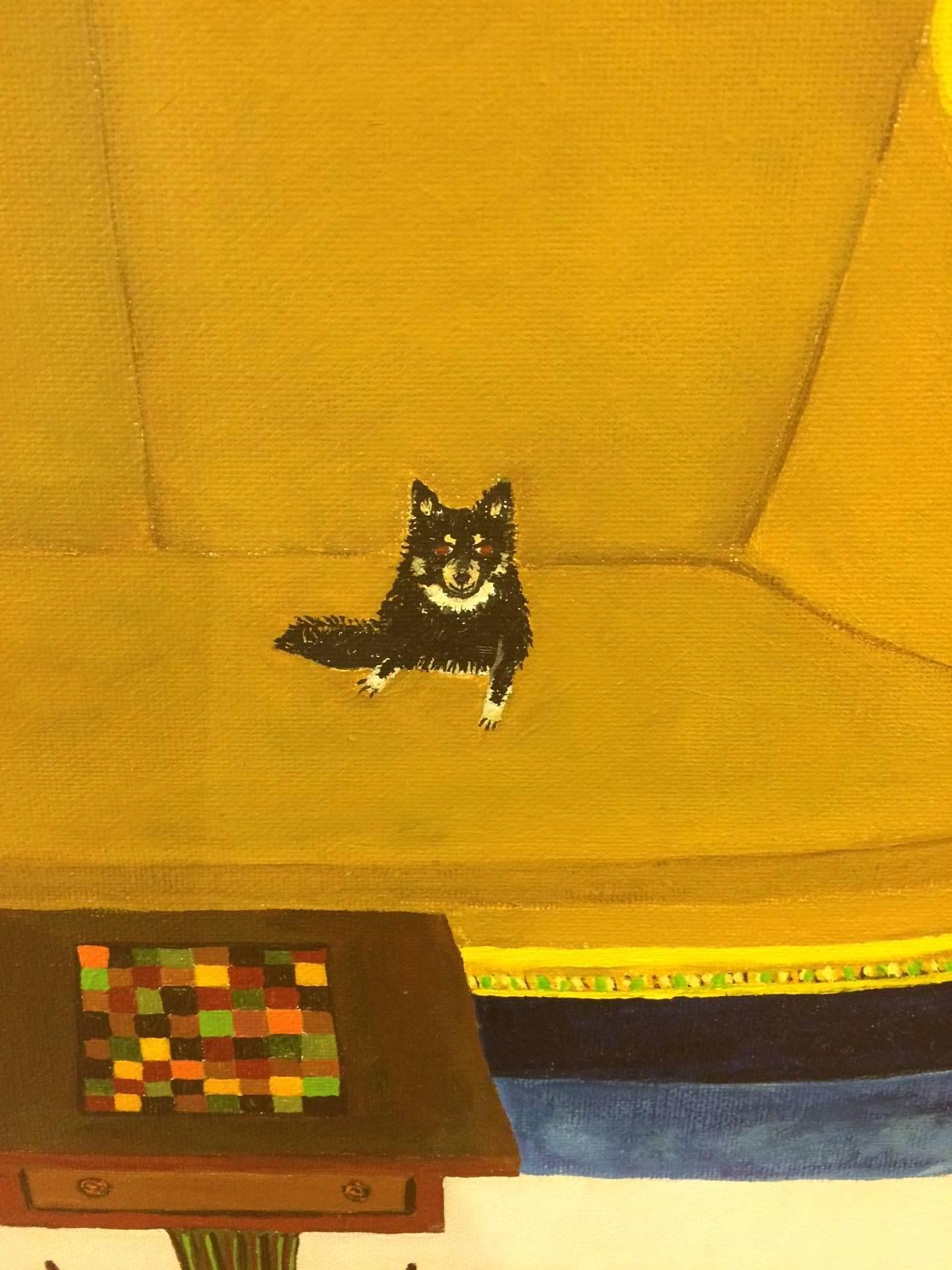 Contemporary Original Painting of Pomeranian Dog in Striking Interior