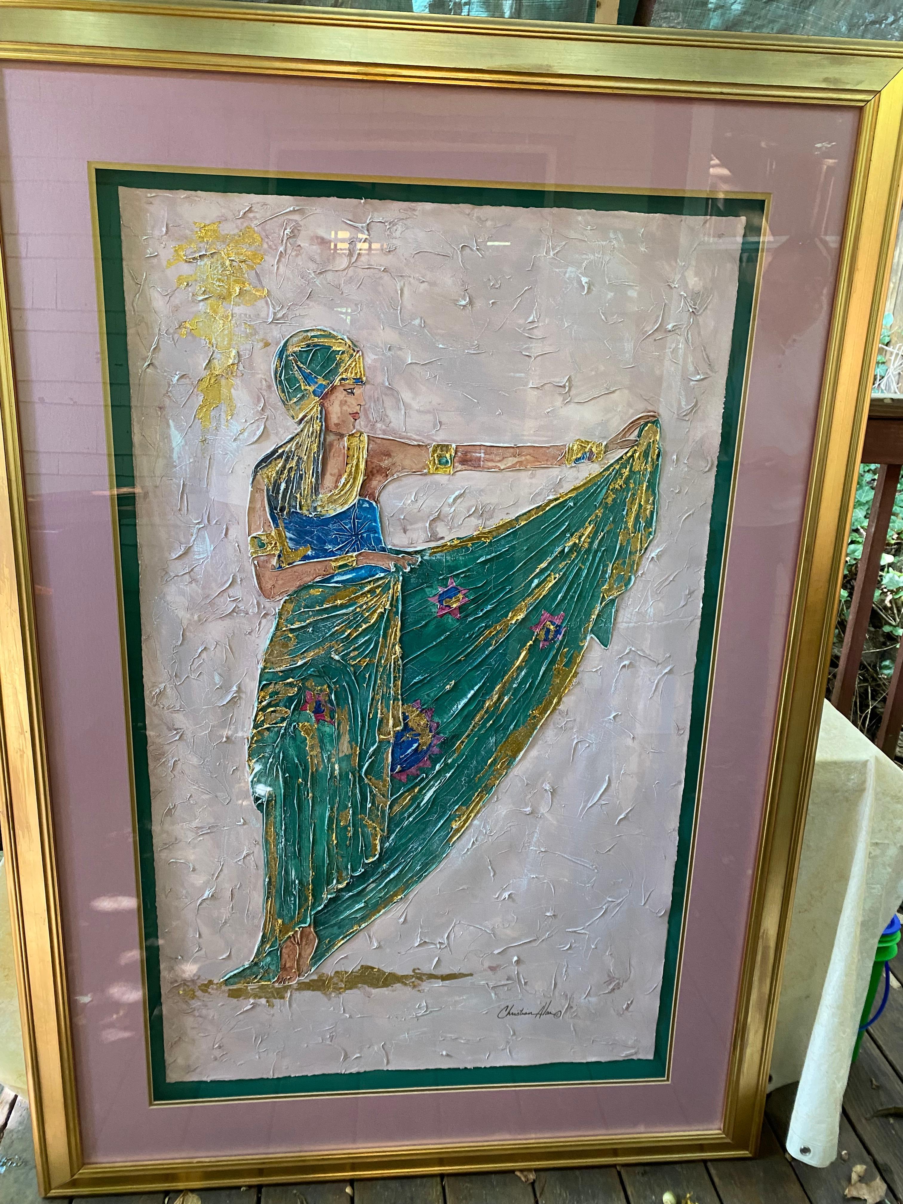 Originales Gemälde einer Frau in grünem Kleid und Kopfabdeckung mit Akzenten im Angebot 4