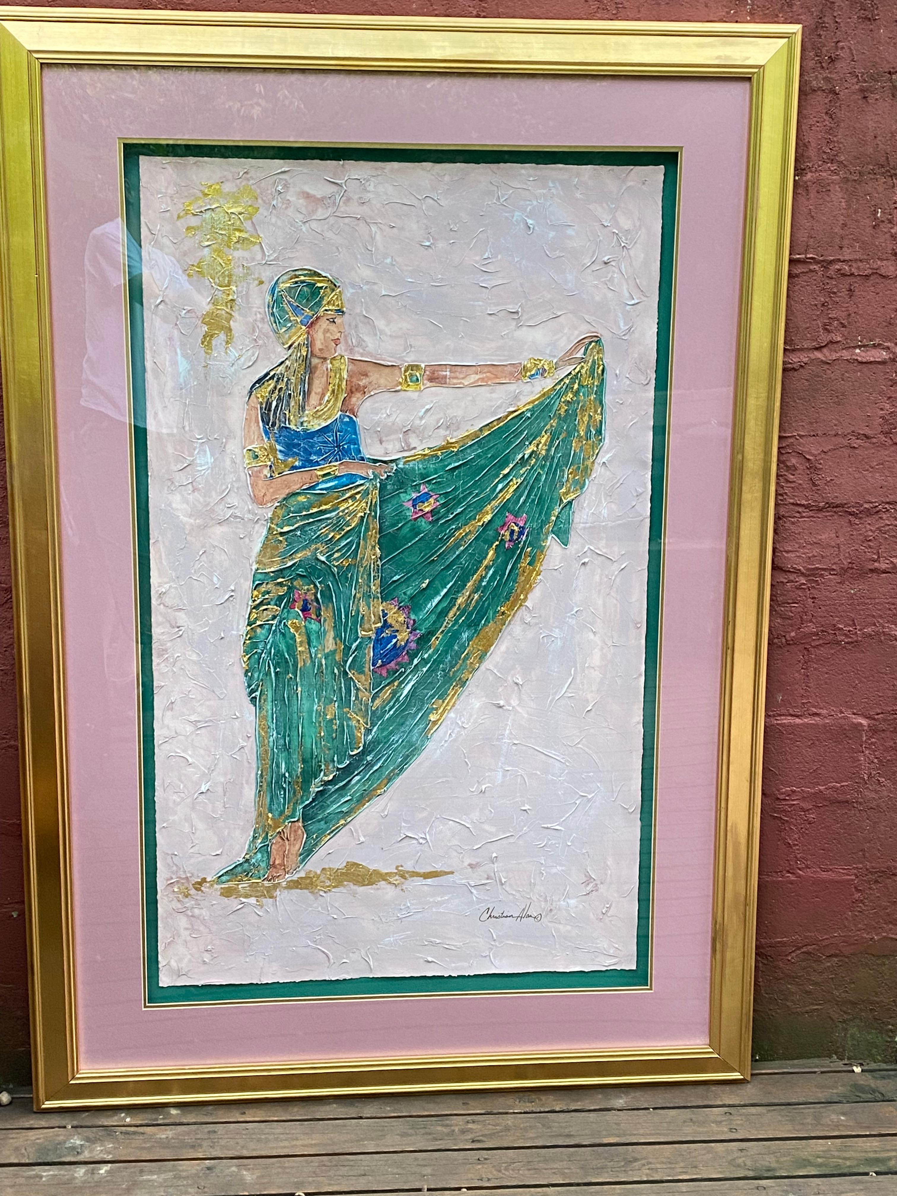 Originales Gemälde einer Frau in grünem Kleid und Kopfabdeckung mit Akzenten im Angebot 6