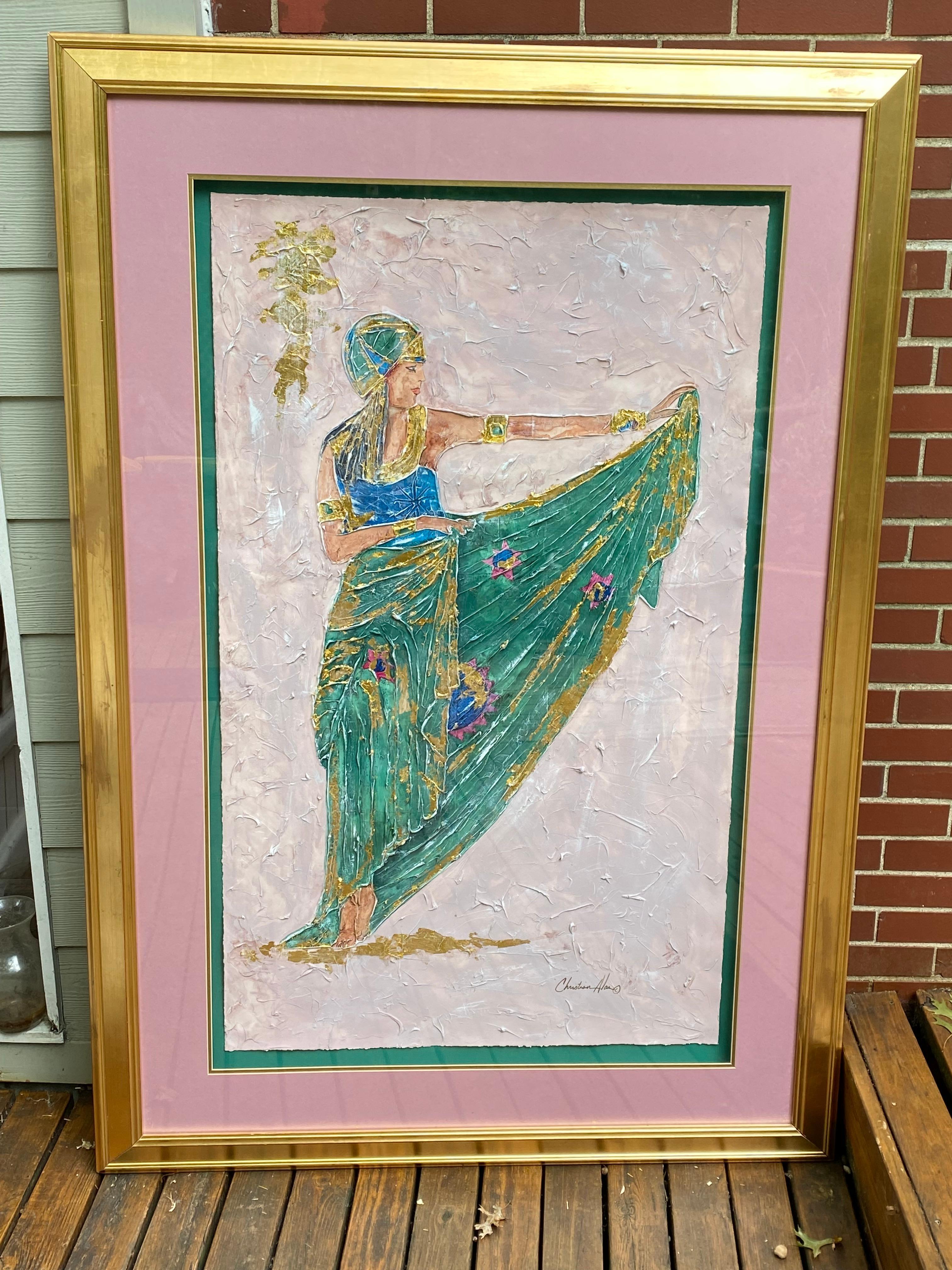 Originales Gemälde einer Frau in grünem Kleid und Kopfabdeckung mit Akzenten im Angebot 7