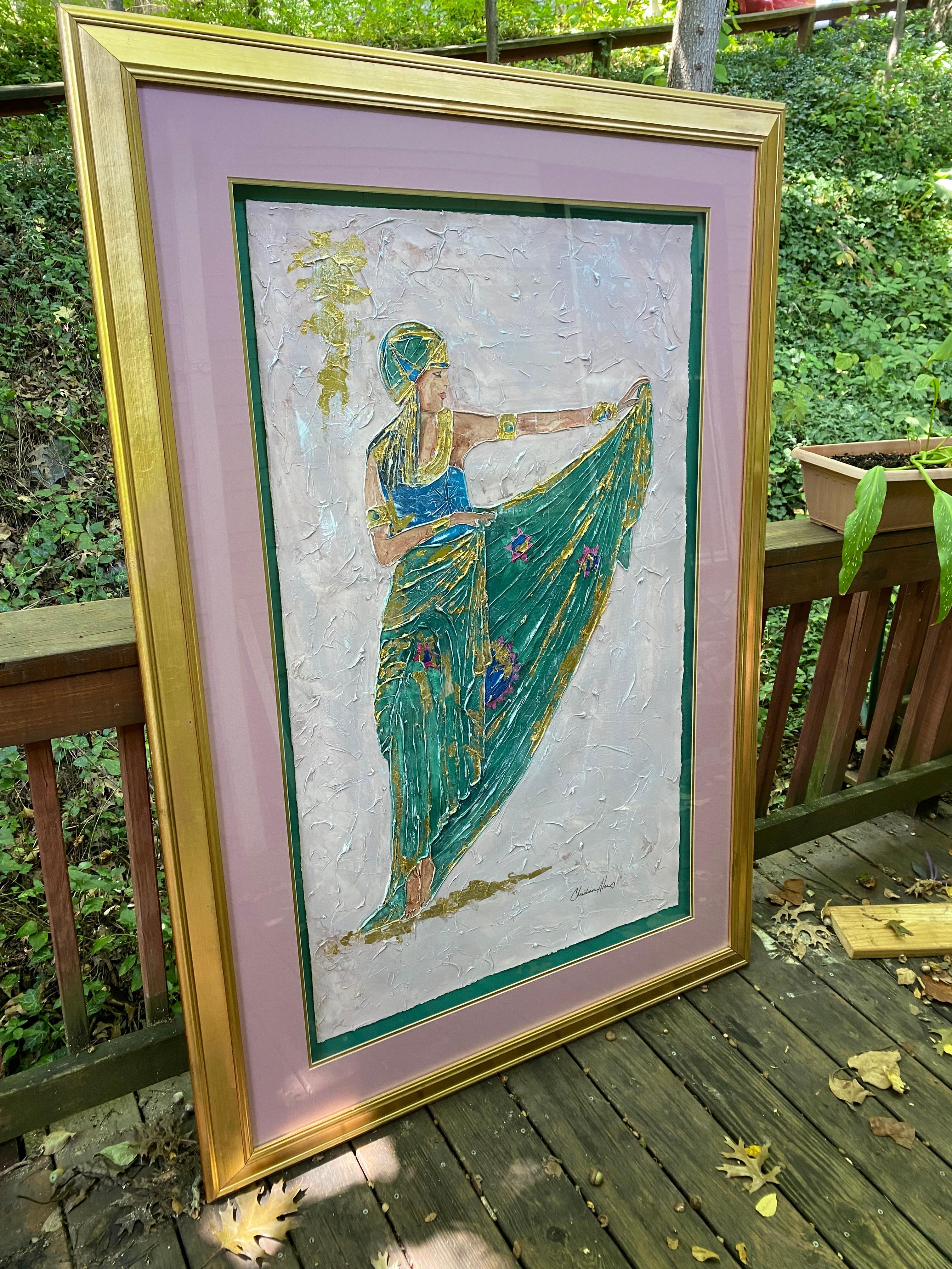 Original painting of woman in green dress with gold, purple and pink accents.  
Signed by Christian Alan.
20th century mixed media.
Painting on paper.
Large image.   Image is 49