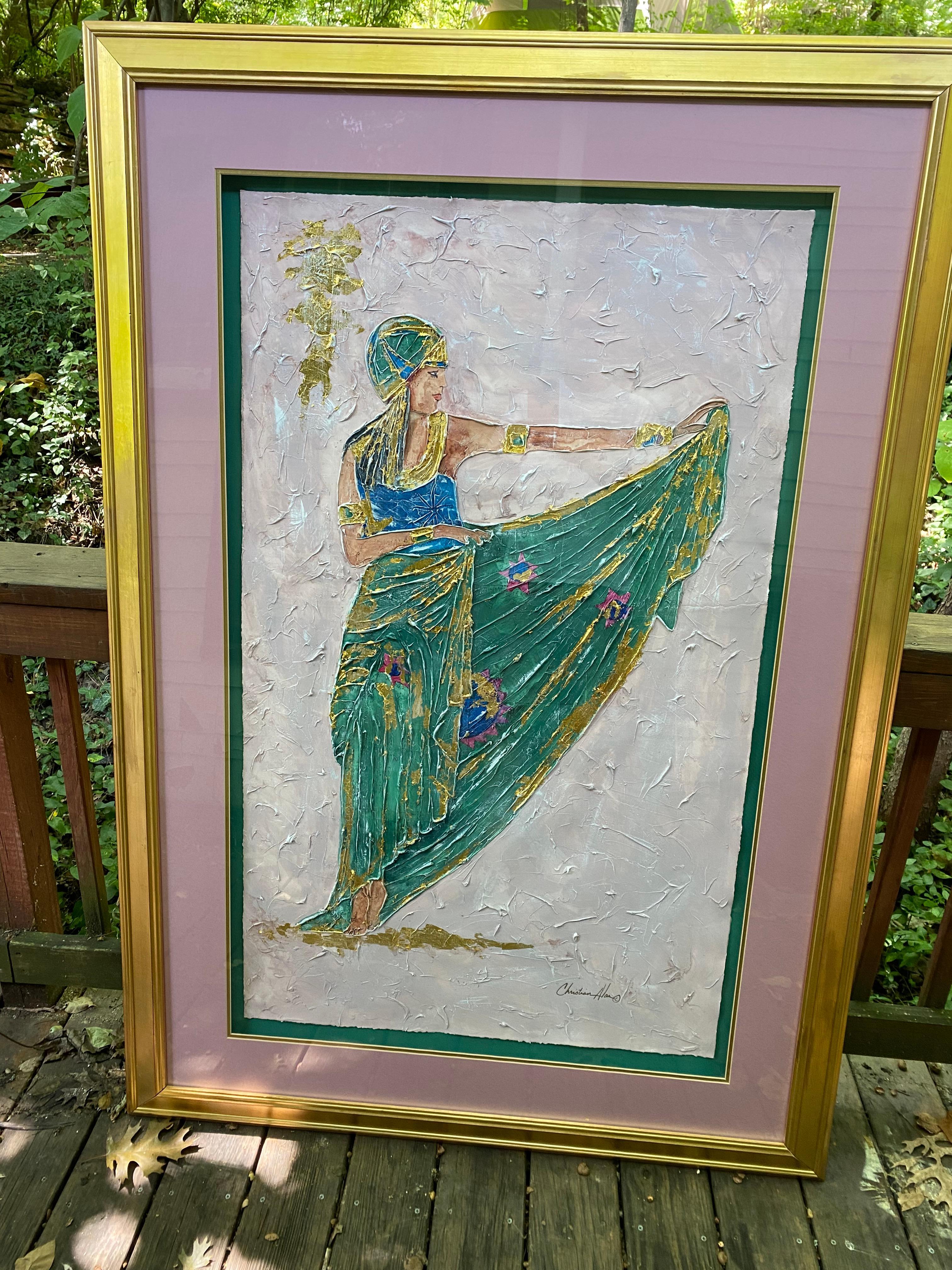 American Original painting of woman in green dress and head covering with accents For Sale