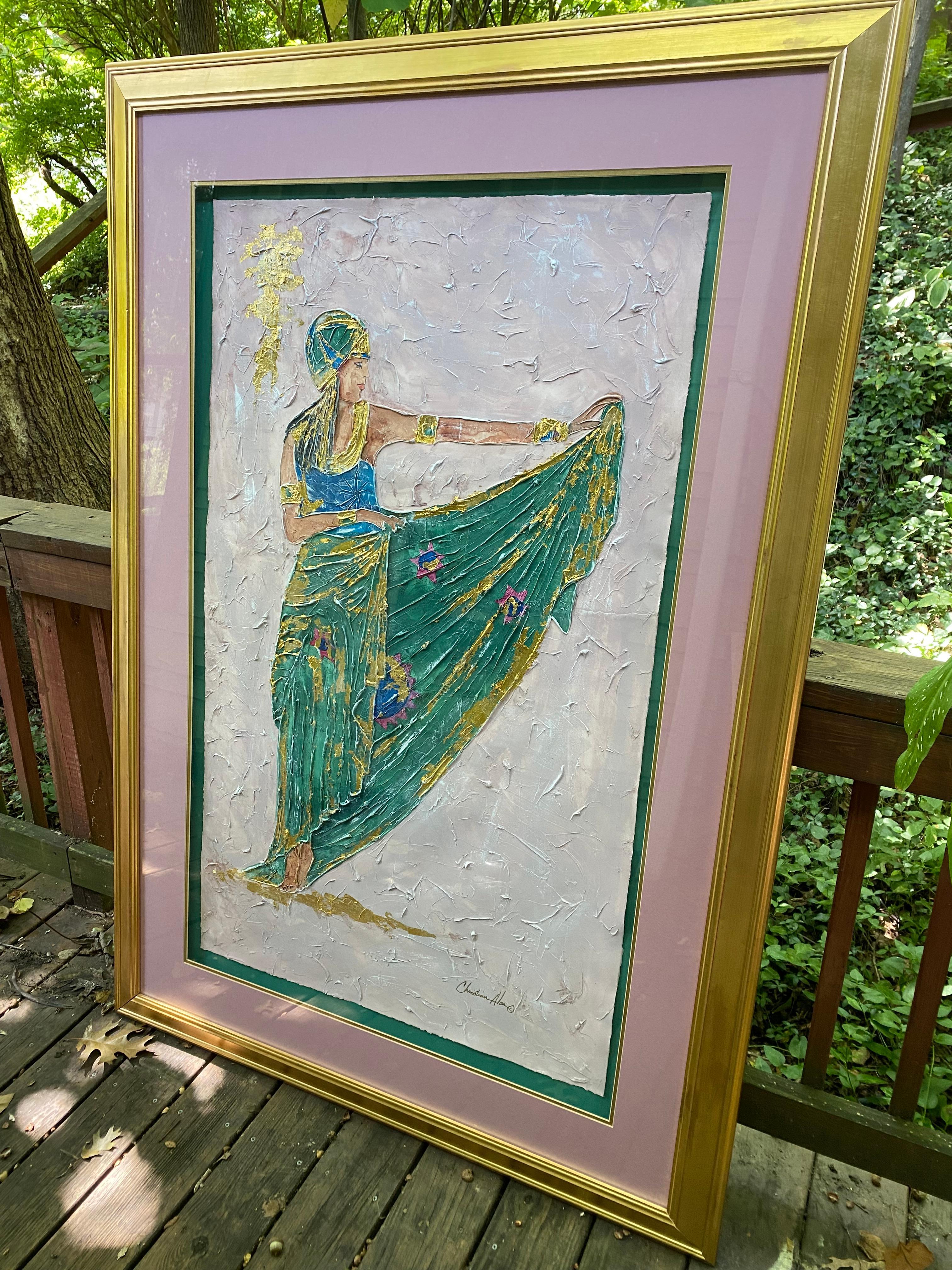 Hand-Painted Original painting of woman in green dress and head covering with accents For Sale