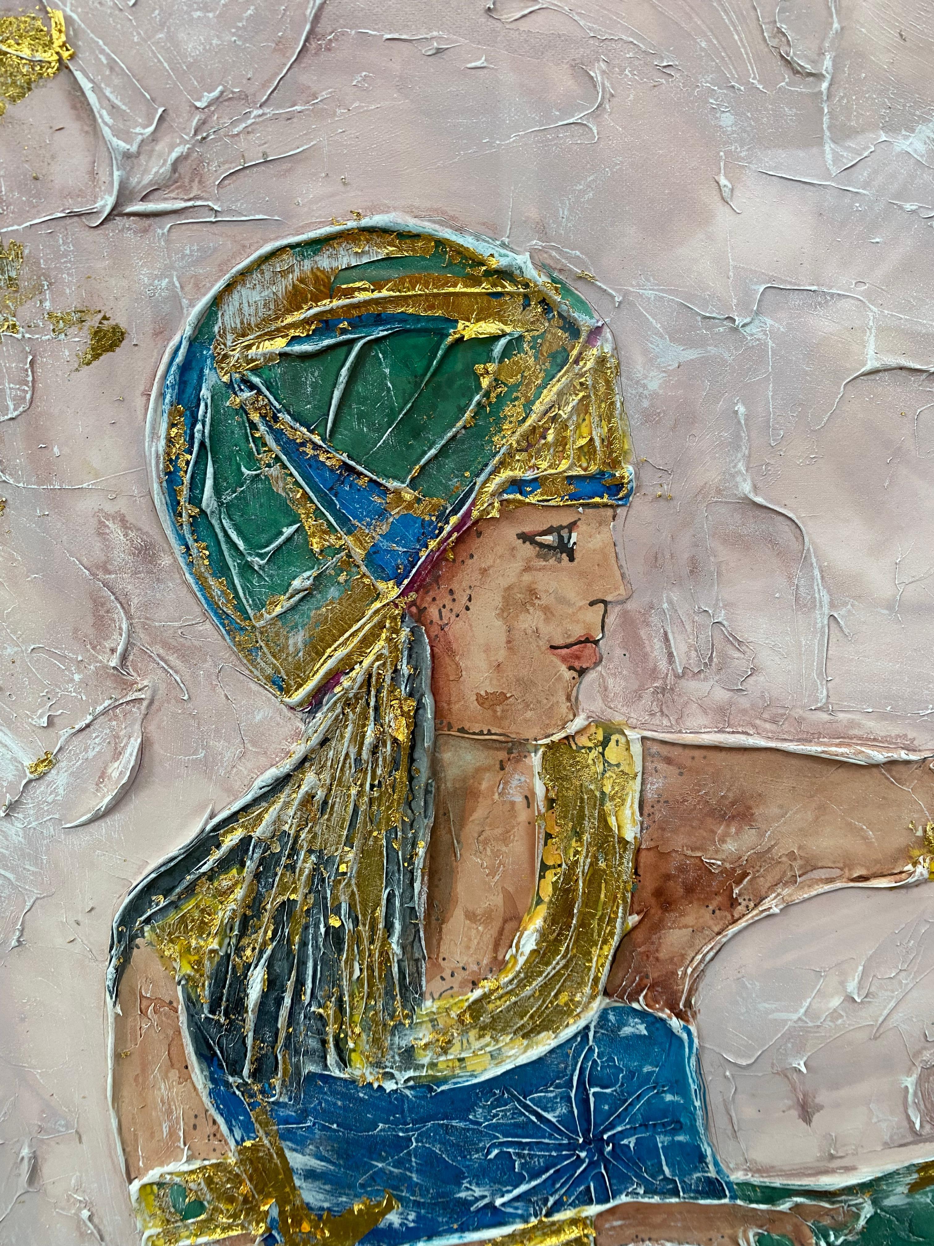Original painting of woman in green dress and head covering with accents In Good Condition For Sale In Cincinnati, OH