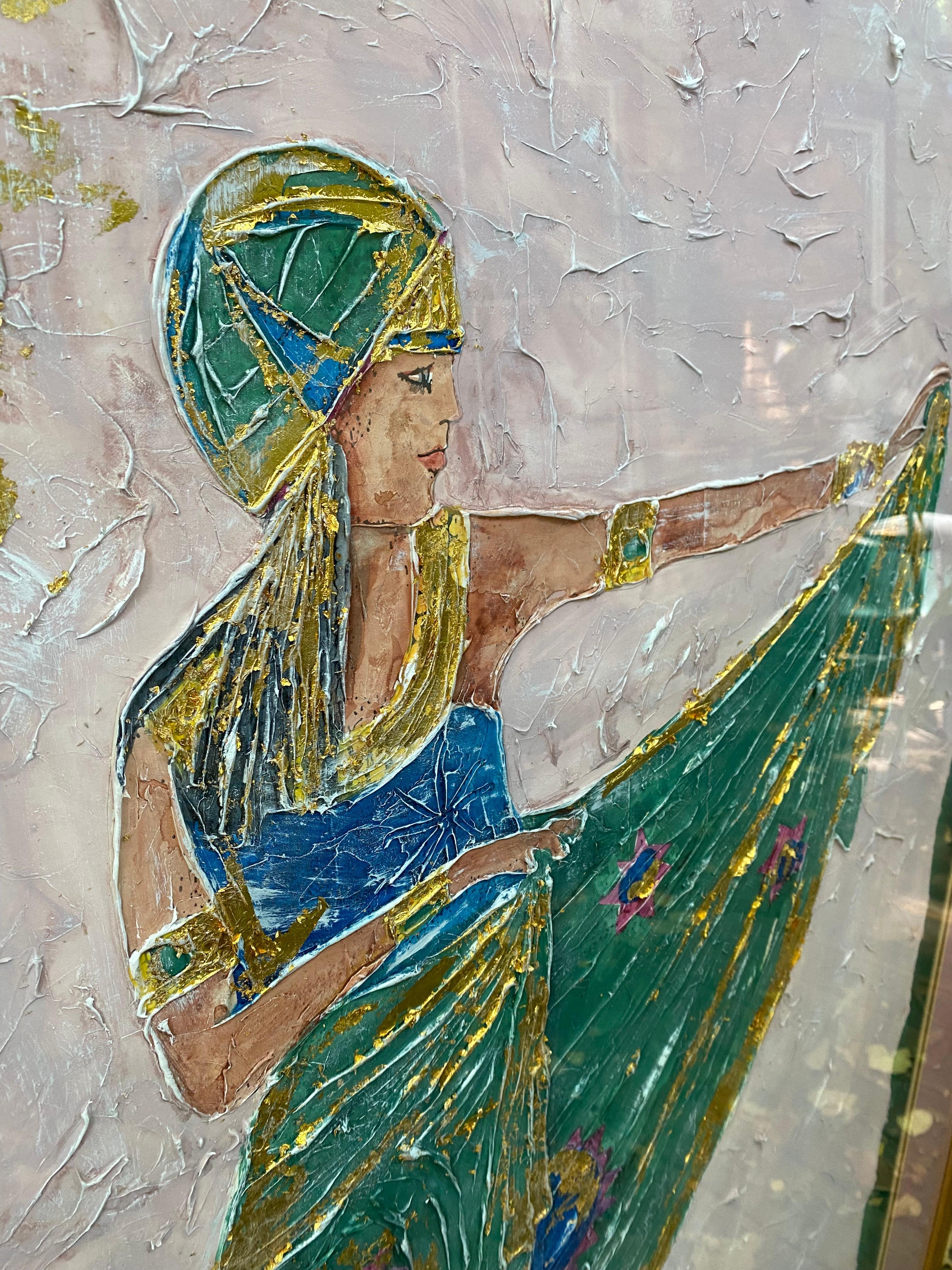 20th Century Original painting of woman in green dress and head covering with accents For Sale