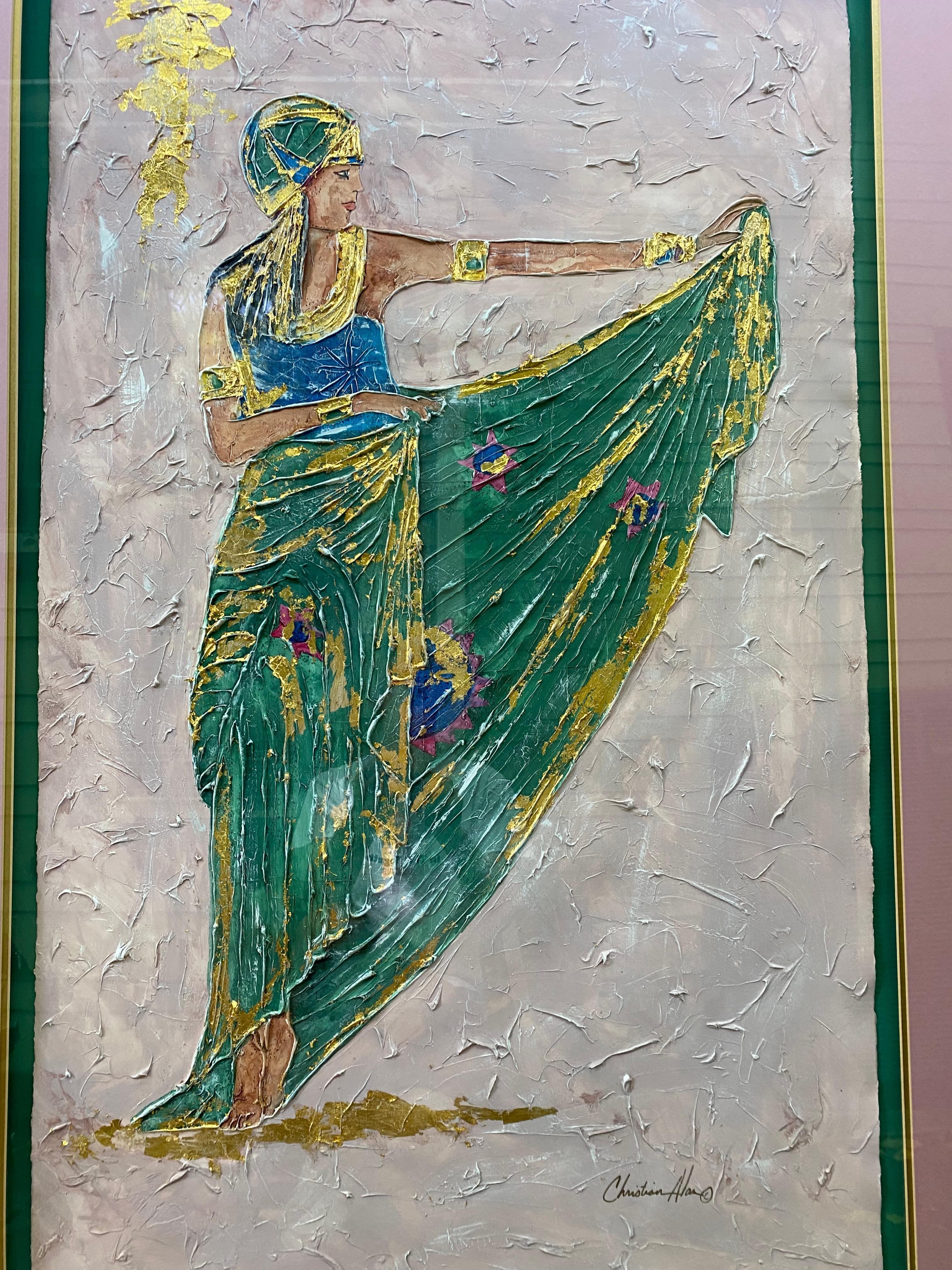 Paper Original painting of woman in green dress and head covering with accents For Sale
