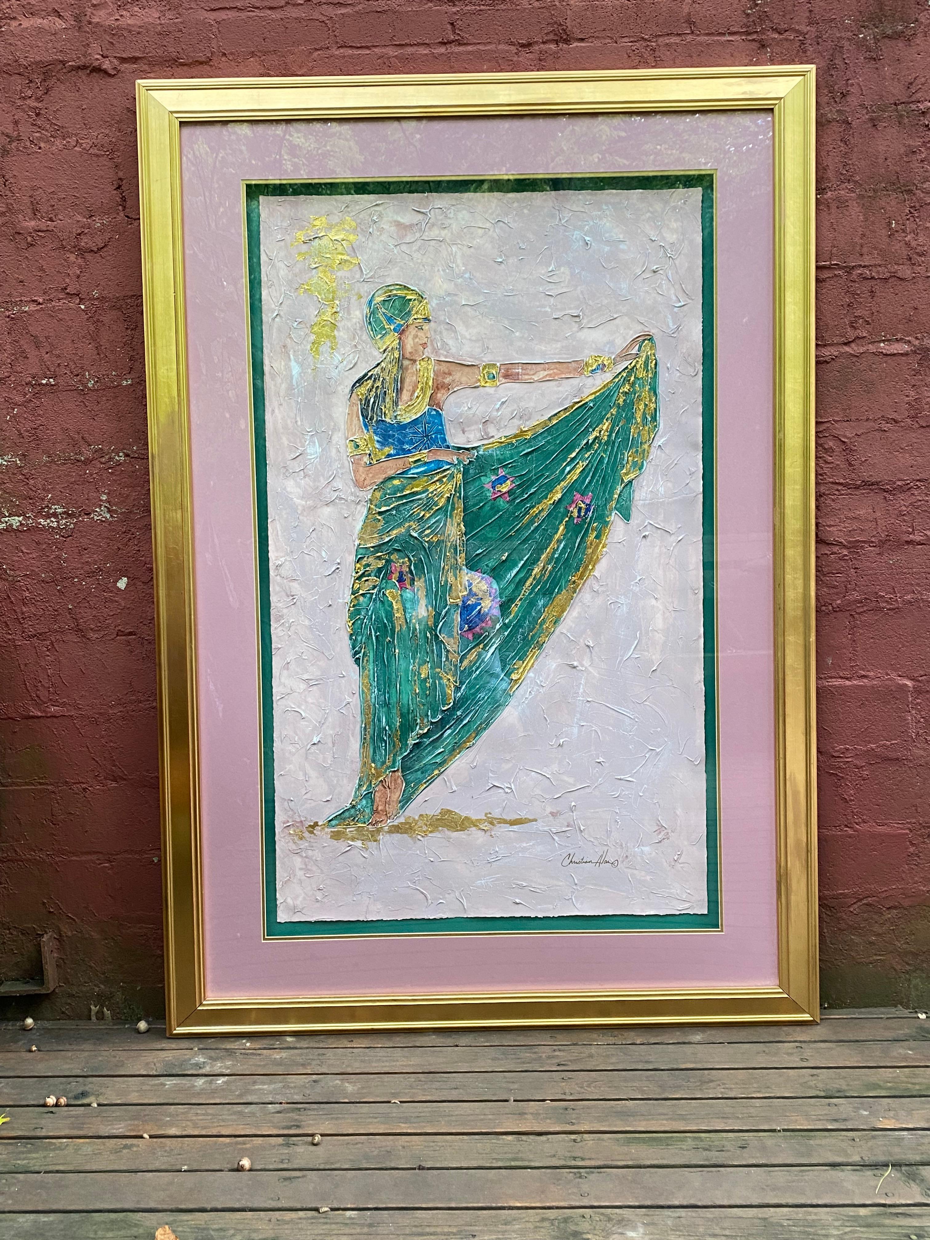 Originales Gemälde einer Frau in grünem Kleid und Kopfabdeckung mit Akzenten im Angebot