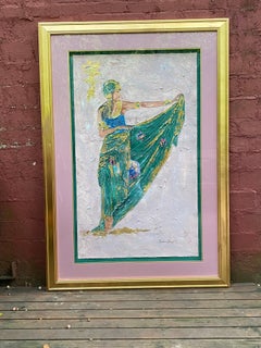Vintage Original painting of woman in green dress and head covering with accents
