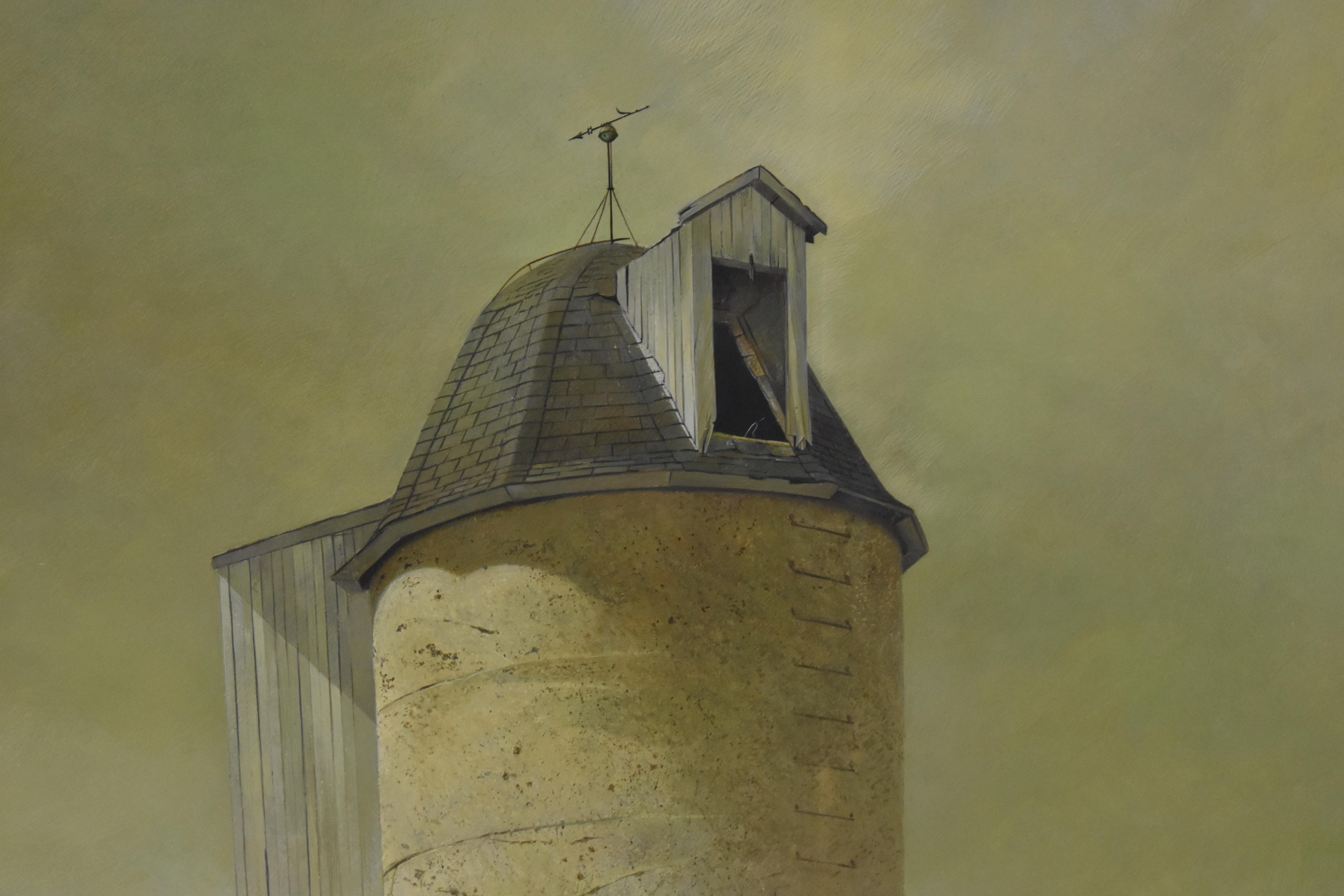 Oversized original oil on canvas of a silo with weathervane. Signed upper left, Richard Treaster. Framed in a distressed lightly stained wood frame with inner linen liner. Very nice condition with wear consistent with age and use. Image size