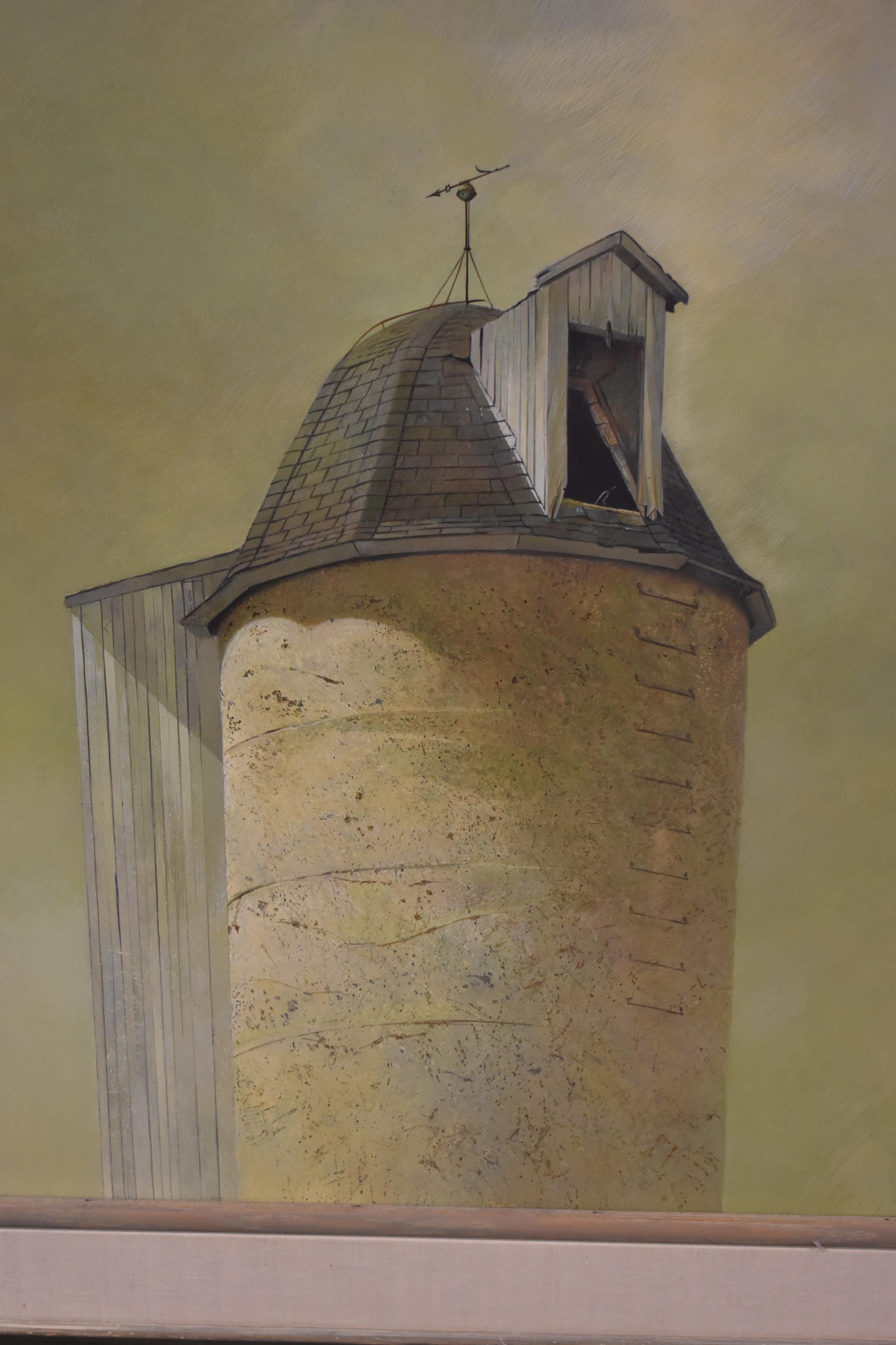 Painted Original Painting Oil on Board Richard Treaster Silo with Weathervane For Sale