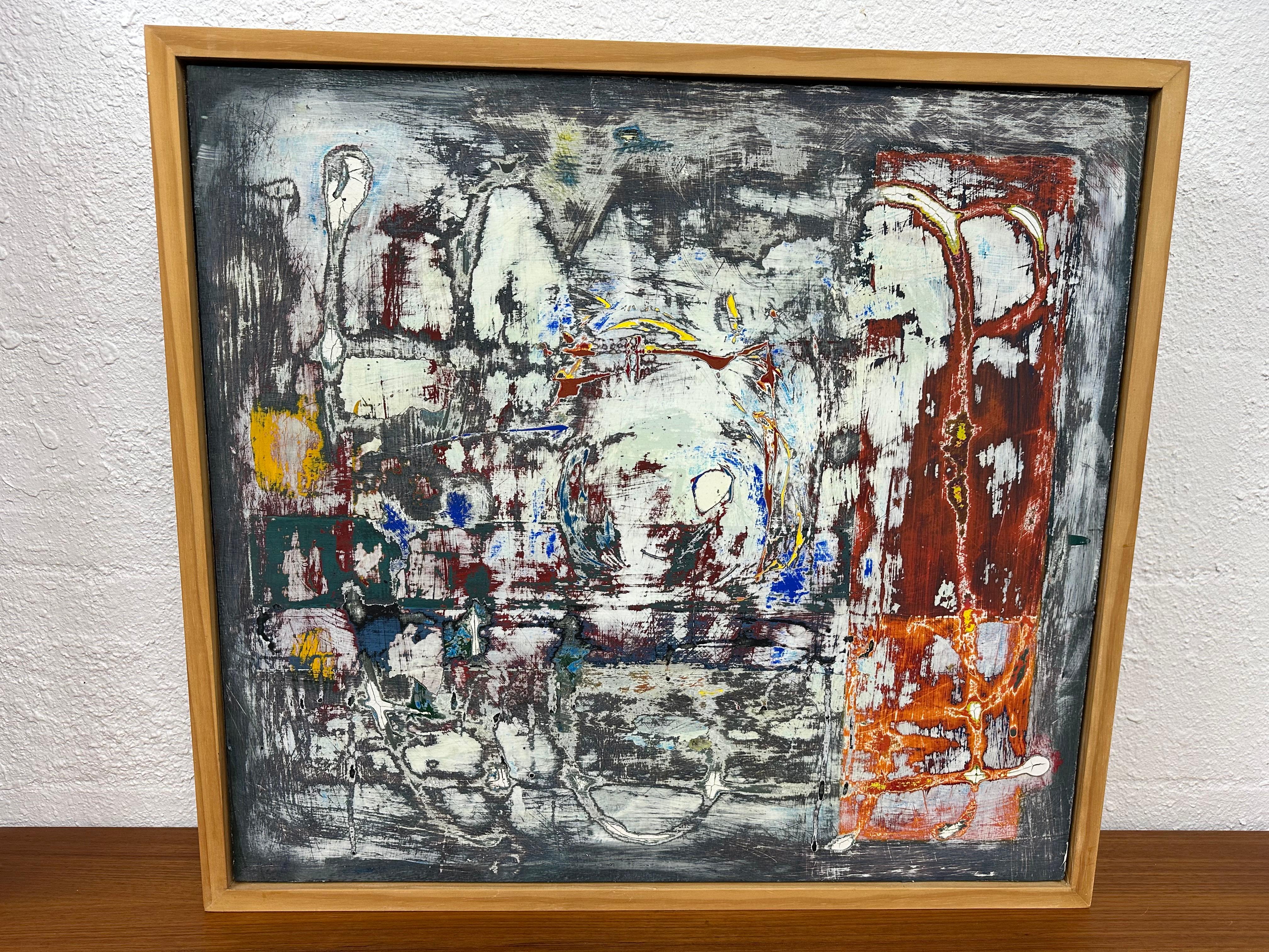 Quadro astratto modernista originale, acrilico su tavola con cornice moderna in legno. Firmato, datato e intitolato sul verso. Artista T. Joyce di Sarasota FL, del 2005, intitolato History Repeating Itself. Effetto stratificato/scraped che ricorda
