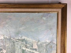 Colorful Mid-Century Winter Village Painting, Signed P. Vorrasi, 1965