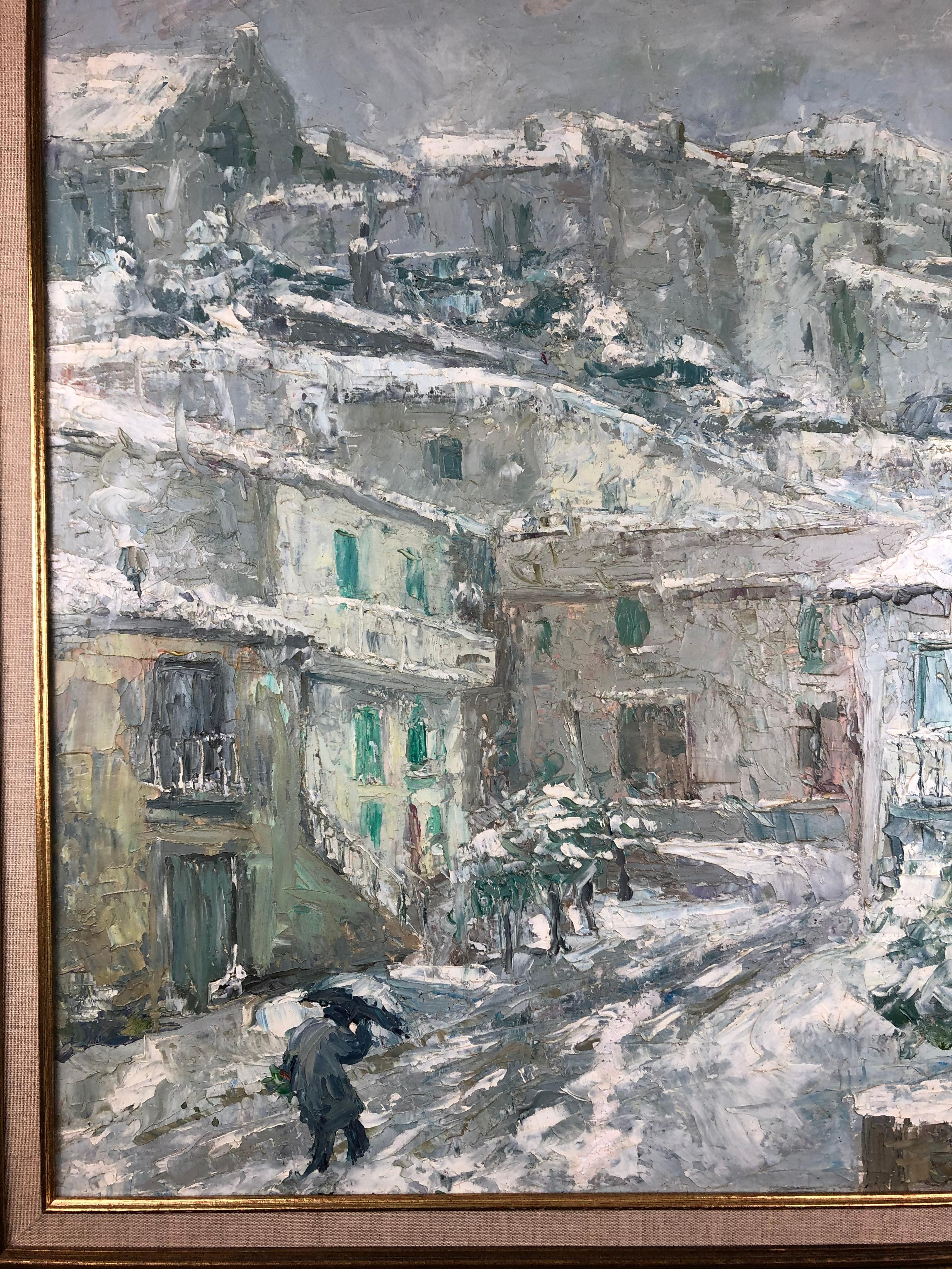 Mid-Century Modern Original Painting on Canvas, Snow in an Italian Village Signed P. Vorrasi For Sale