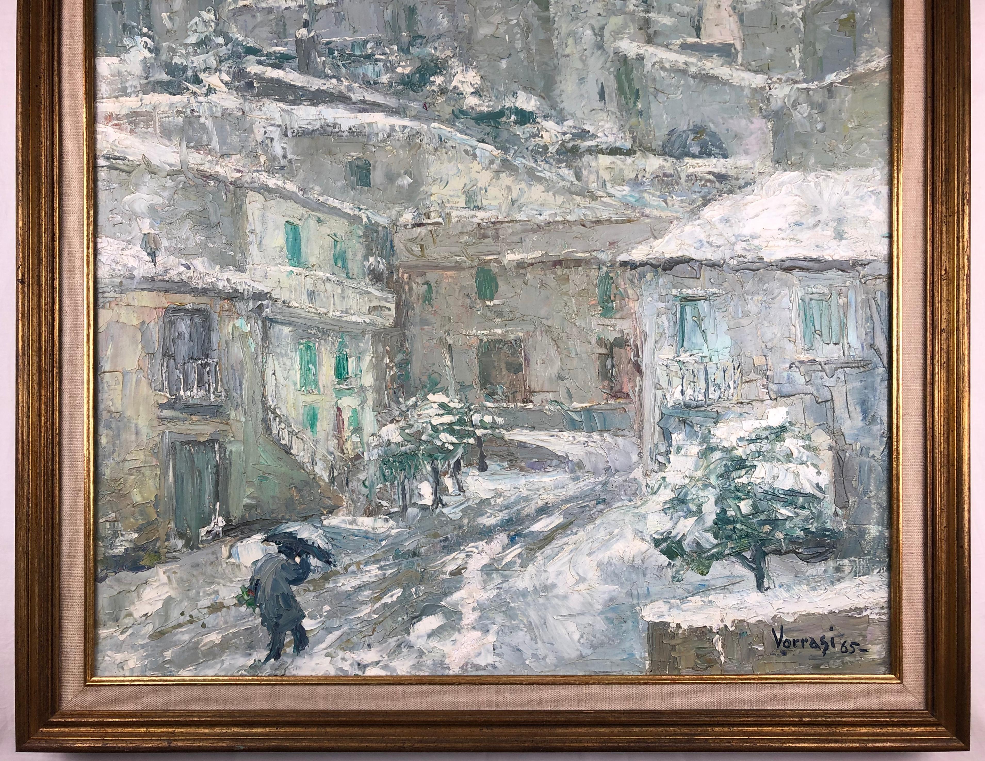 Originales Originalgemälde auf Leinwand, Schnee in einem italienischen Dorf, signiert P. Vorrasi (Französisch) im Angebot