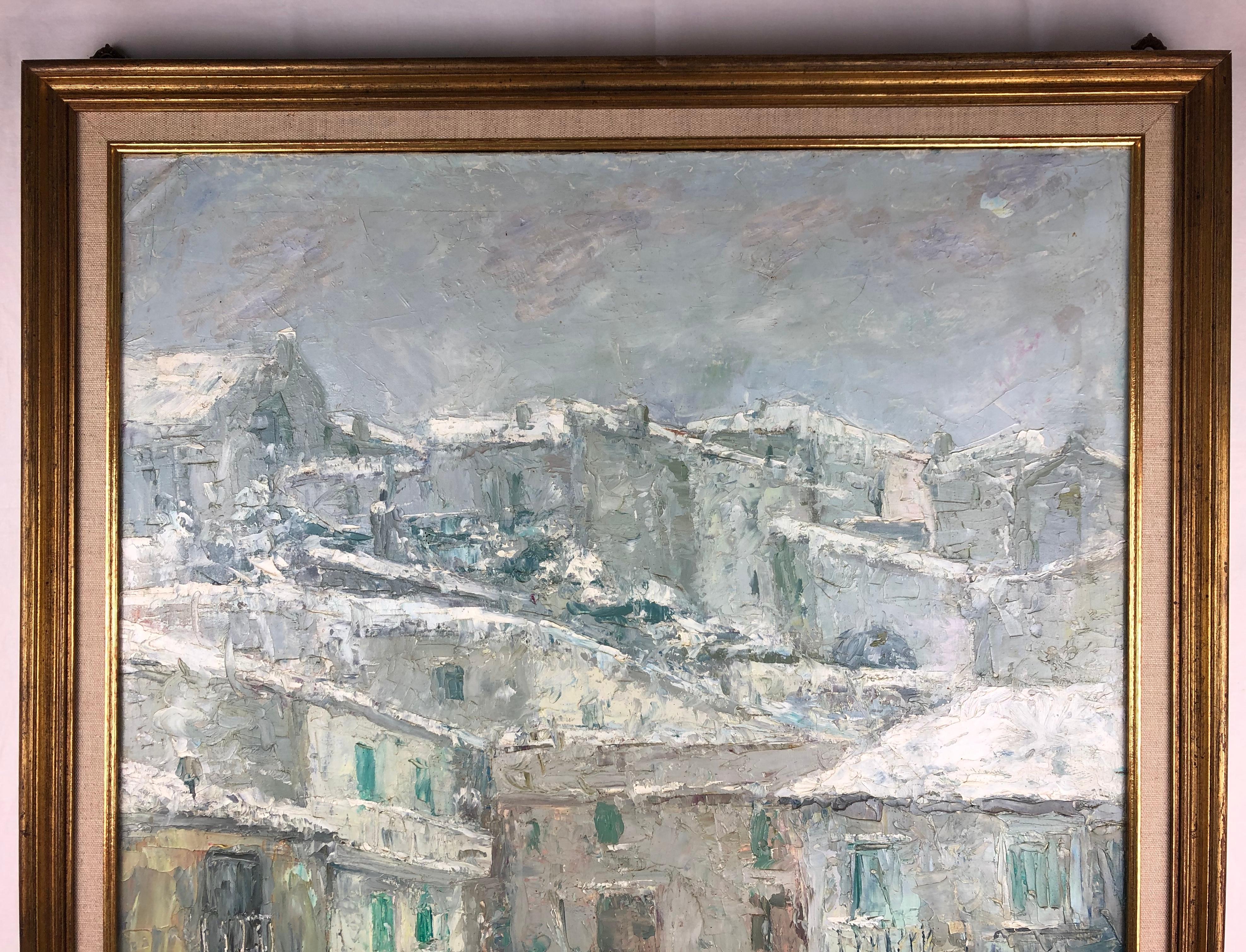 Original Painting on Canvas, Snow in an Italian Village Signed P. Vorrasi In Good Condition For Sale In Miami, FL