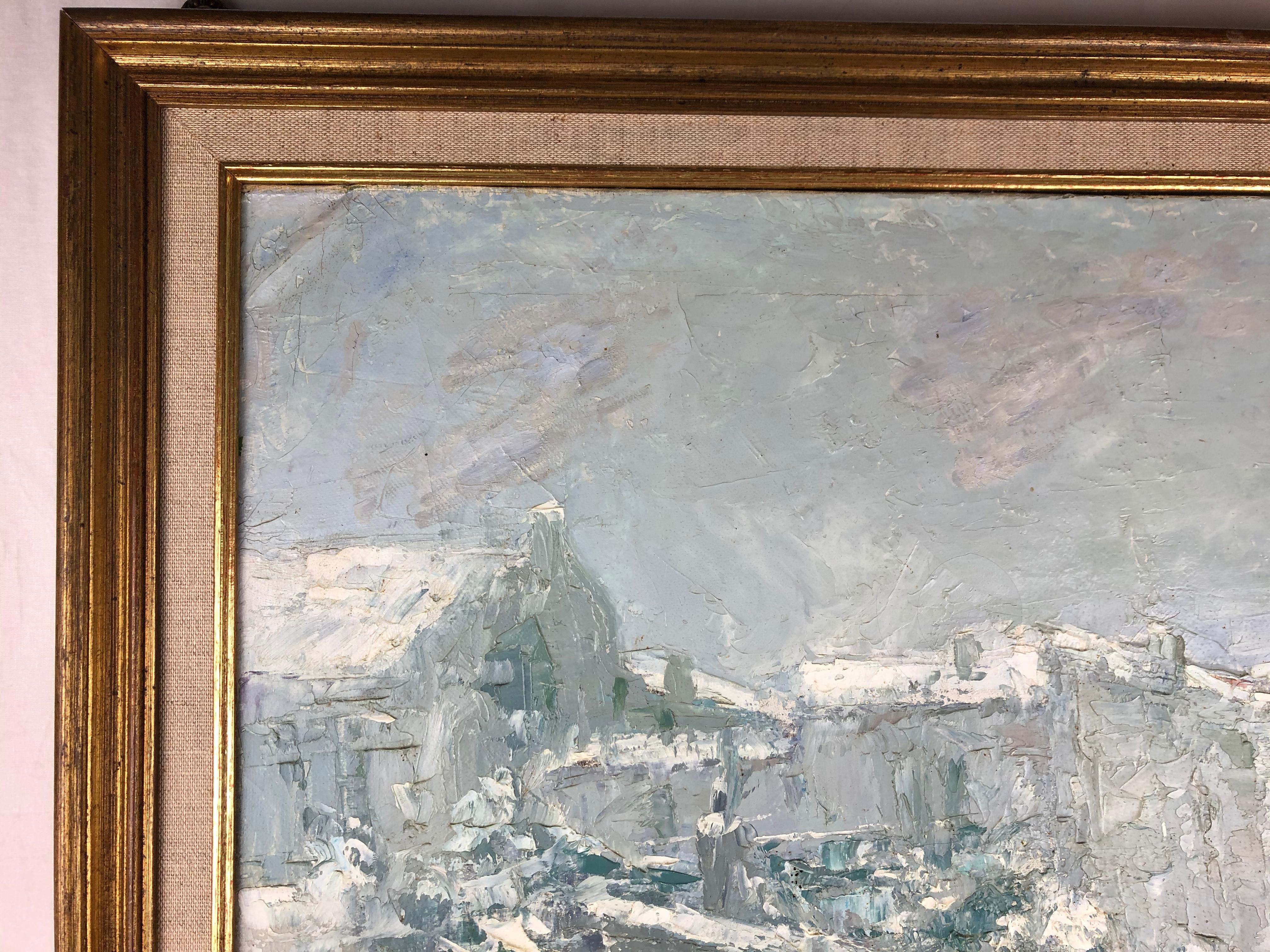 20th Century Original Painting on Canvas, Snow in an Italian Village Signed P. Vorrasi For Sale