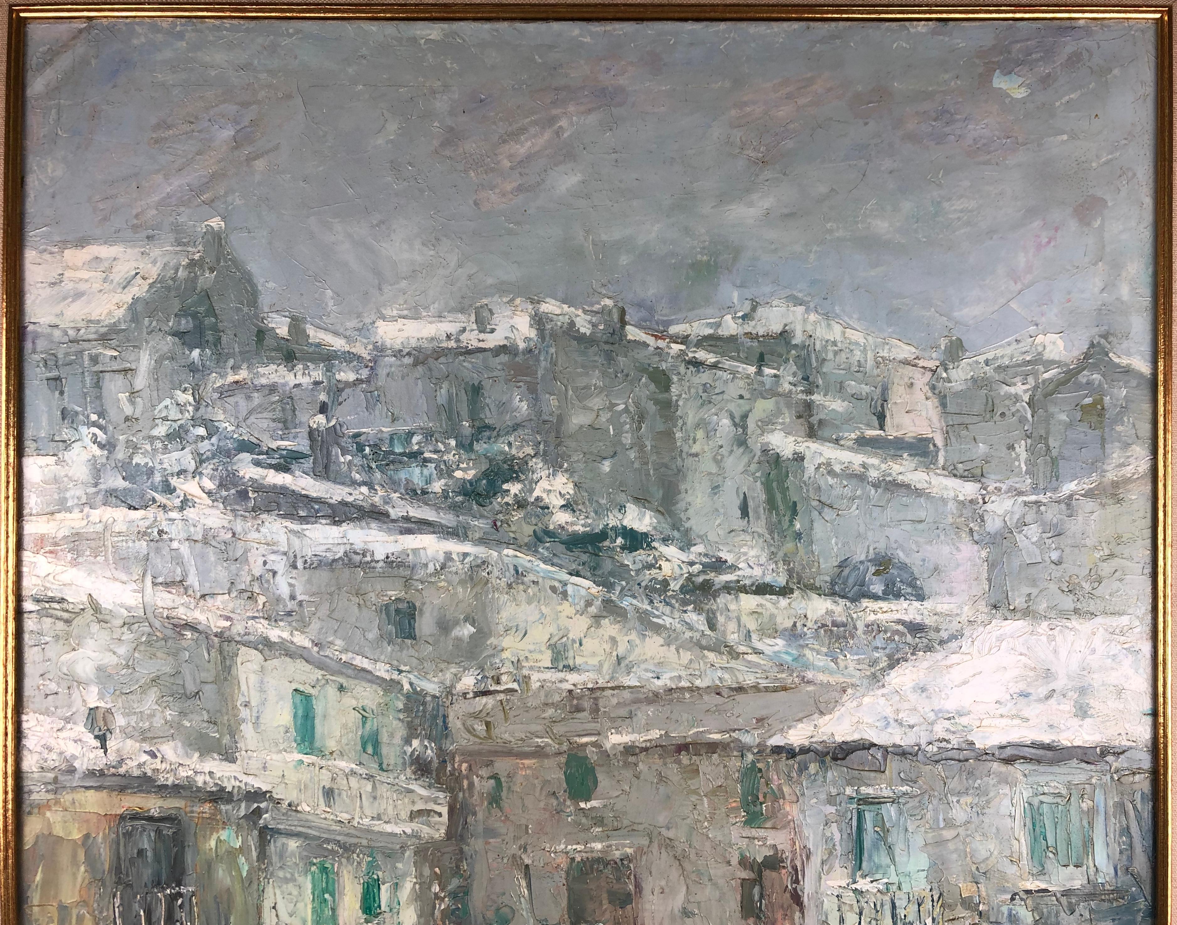 Original Painting on Canvas, Snow in an Italian Village Signed P. Vorrasi For Sale 1