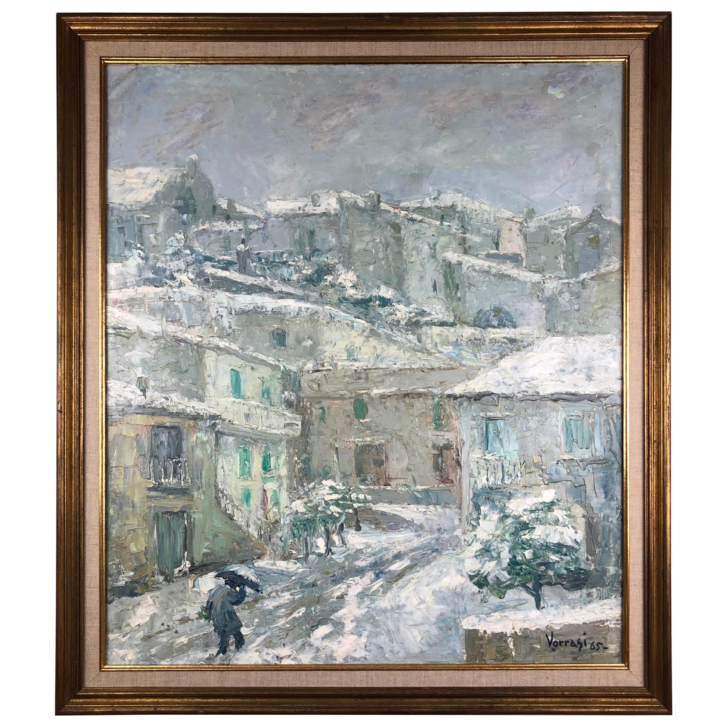 Original Painting on Canvas, Snow in an Italian Village Signed P. Vorrasi