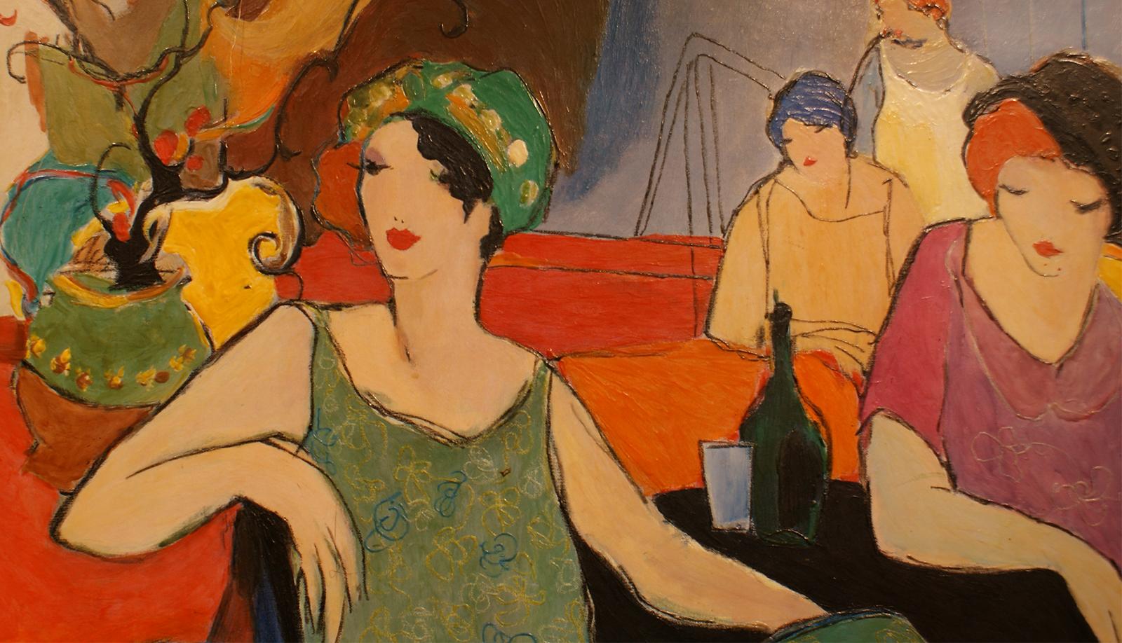 Original acrylic painting on canvas signed by Itzchak Tarkay (1935-2012), despicting women in a cafe with vibrant colors, inspired by the post impressionist movement.
Itzchak Tarkay is considered to be a key figure in the modern figurative movement