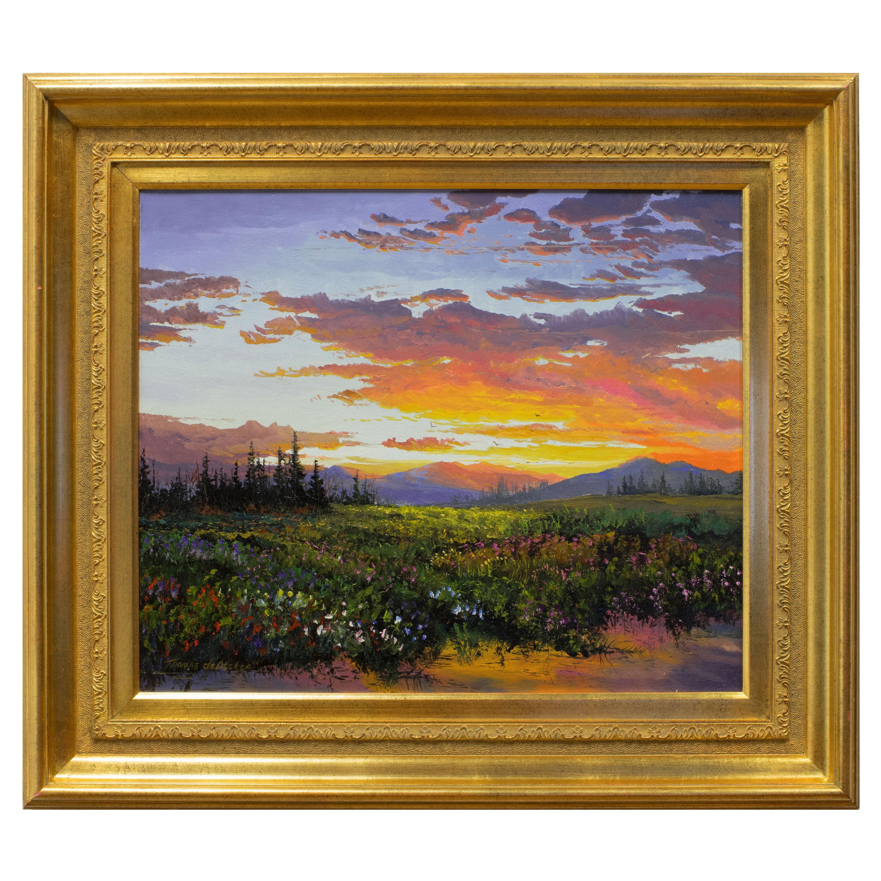 Pintura original "Puesta de sol y flores - Verano" de Thomas DeDecker