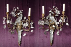 Original Pair Baguès Gilt Metal & Rock Crystal Parrot-Form 2-Light Wall Sconces