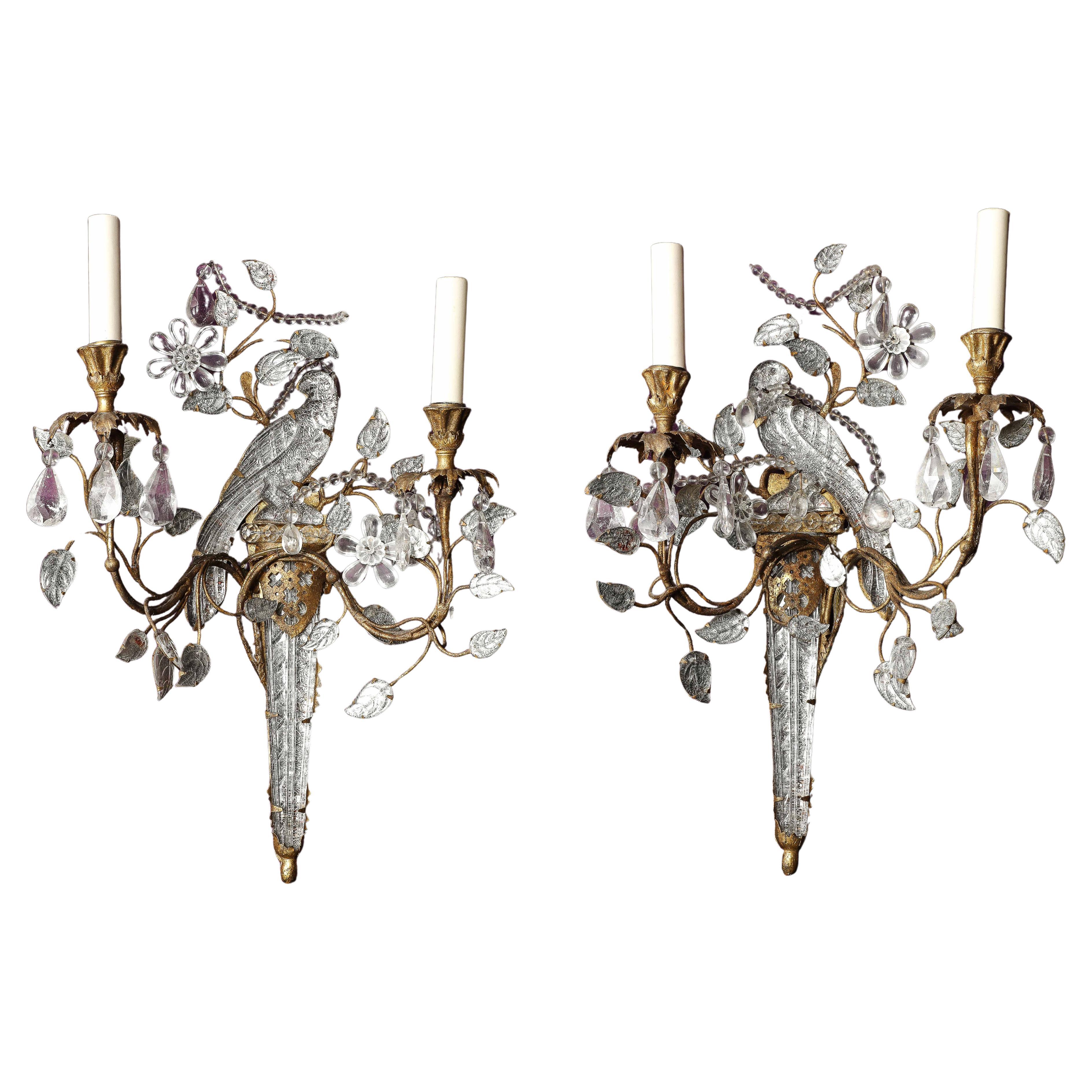 Original Pair Baguès Gilt Metal 
Rock Crystal Parrot-Form 2-Light Wall Sconces For Sale