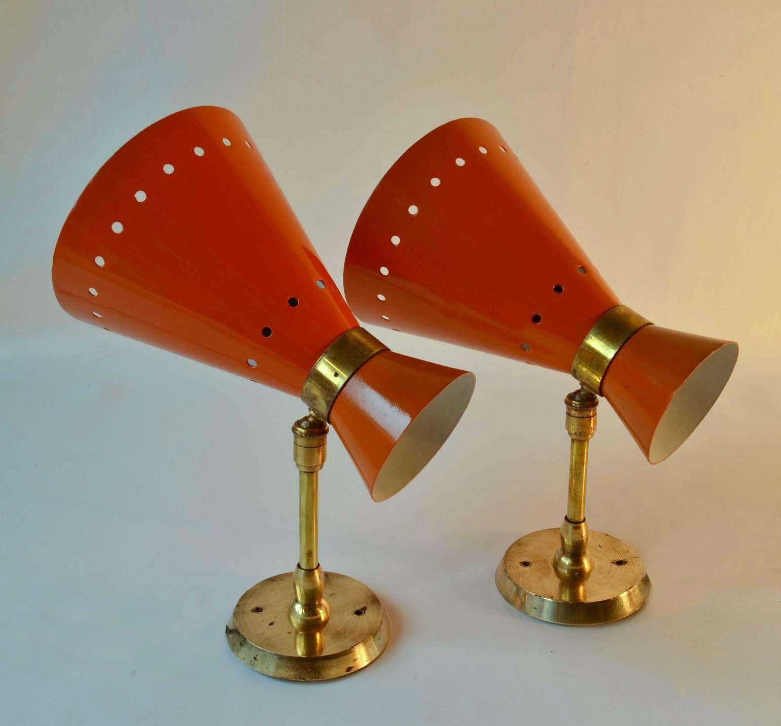 Italian Original Pair of 1950's Orange & Brass Wall Sconces