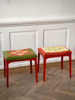 Original pair of 1930s Swedish stools with hand woven wool seats and red frame.