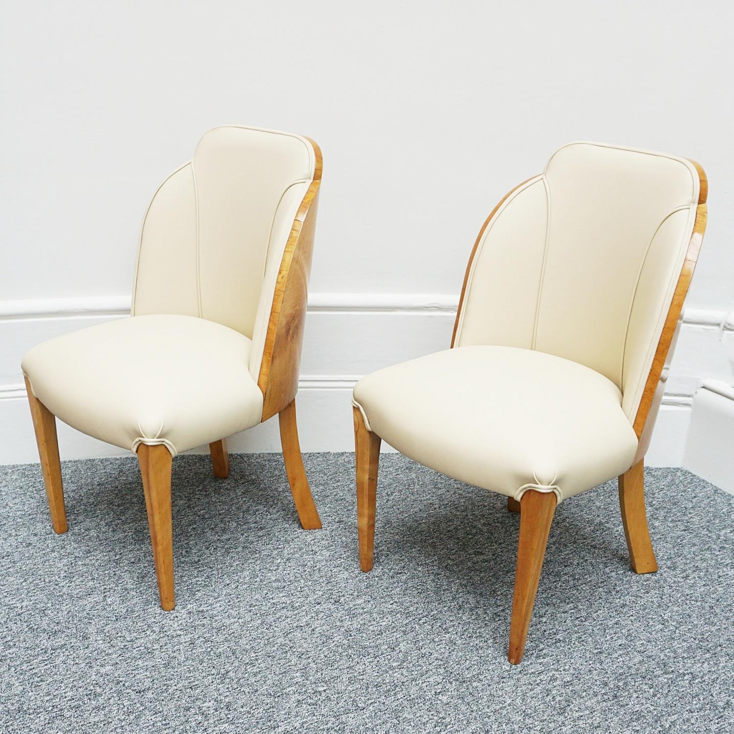 Mid-20th Century Original Pair of Art Deco 1930's Walnut and Cream Leather Side Chairs