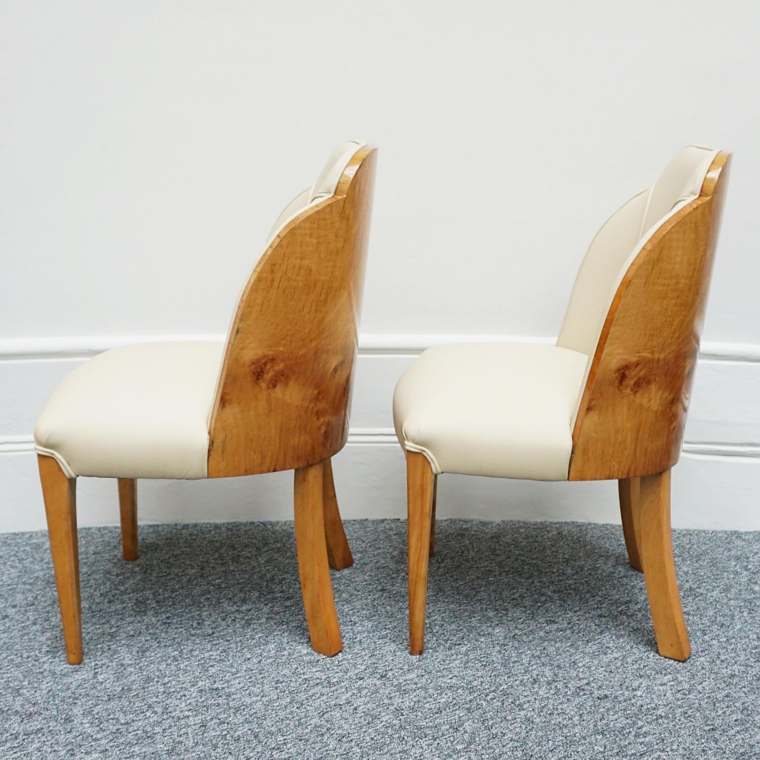 Original Pair of Art Deco 1930's Walnut and Cream Leather Side Chairs 1