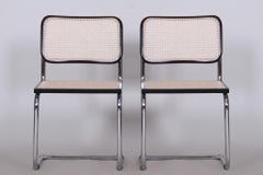 Coppia di sedie Bauhaus originali, acciaio cromato, faggio rattan, anni '60, Italia