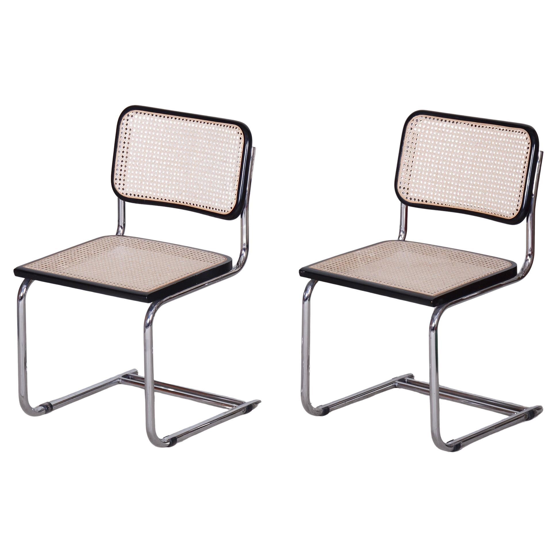Paar Bauhaus-Stühle, verchromter Stahl, Rattan, Buche, 1960er Jahre, Italien
