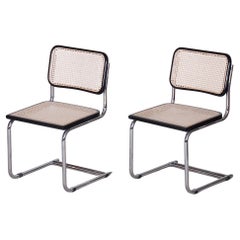 Retro Original Pair of Bauhaus Chairs, Chrome-Plated Steel, Rattan Beech, 1960s, Italy