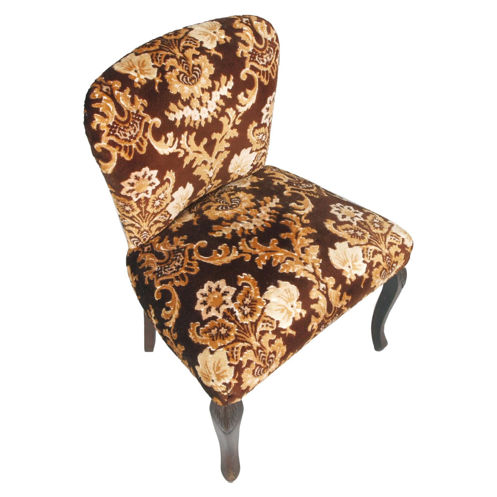 Art Nouveau Original Pair of Bedroom Armchairs with Footstool, Damask Velvet Upholstered For Sale