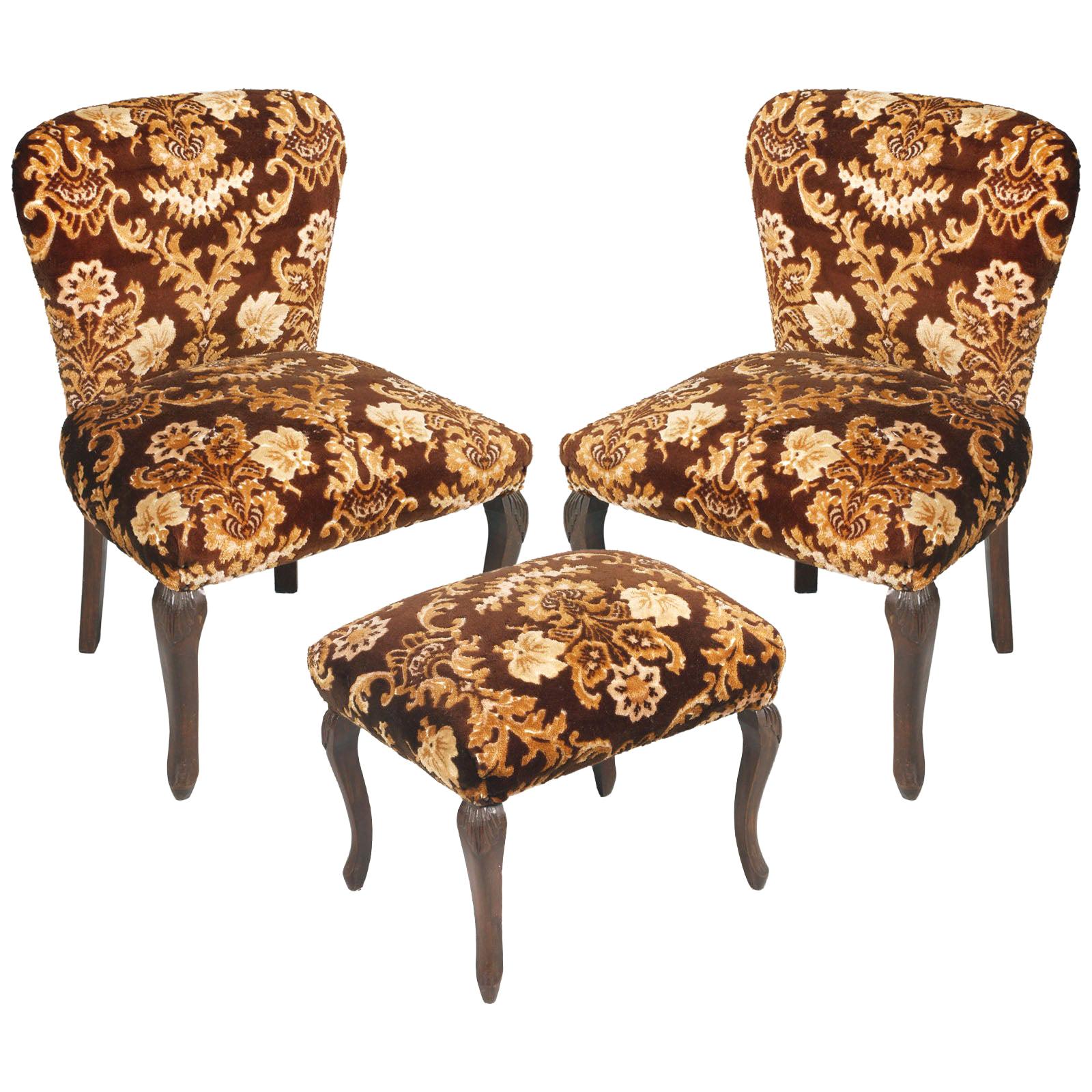 Original Pair of Bedroom Armchairs with Footstool, Damask Velvet Upholstered For Sale