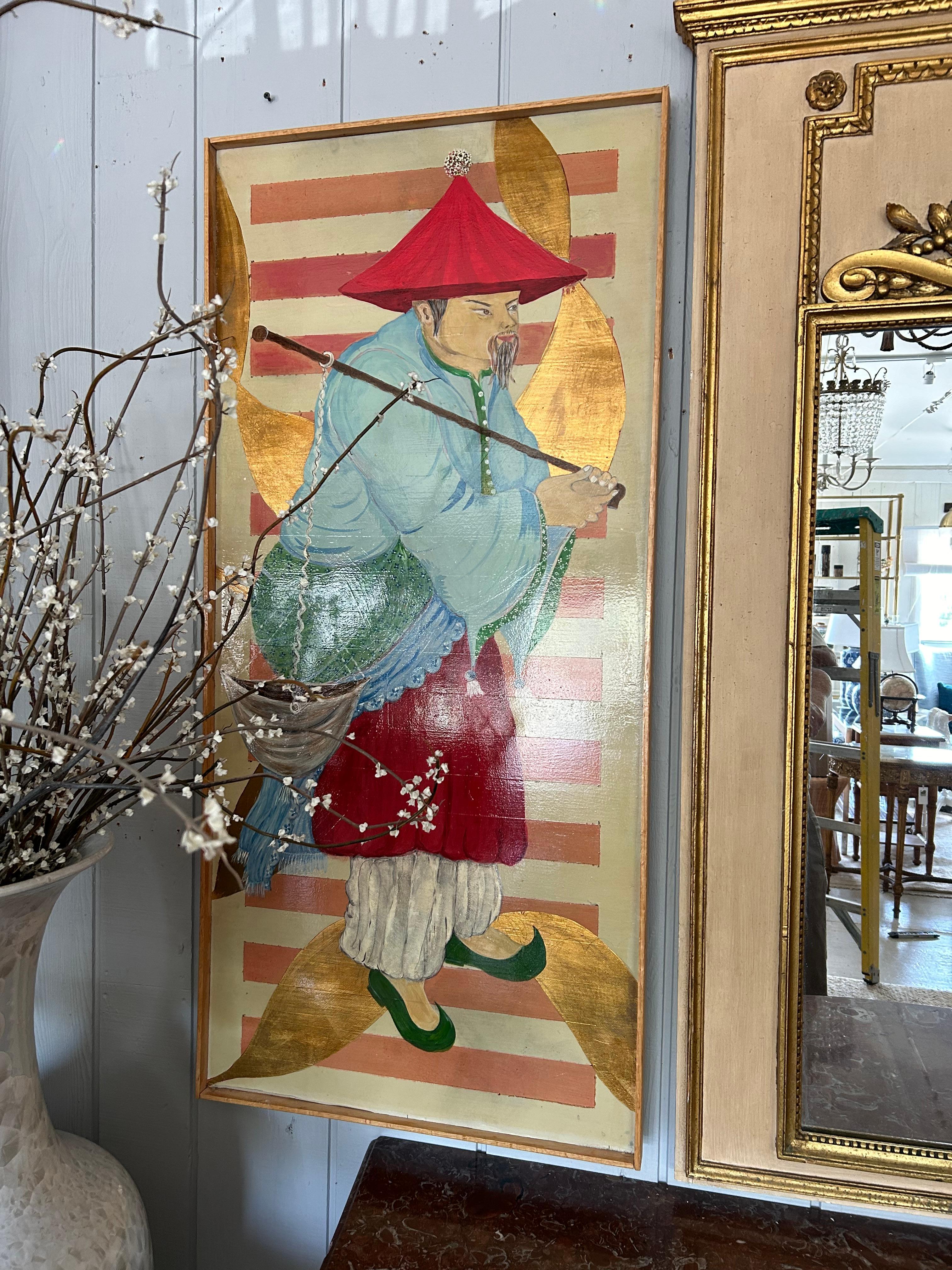 Originales Paar zeitgenössischer Chinoiserie-Figurengemälde auf Tafeln im Angebot 7