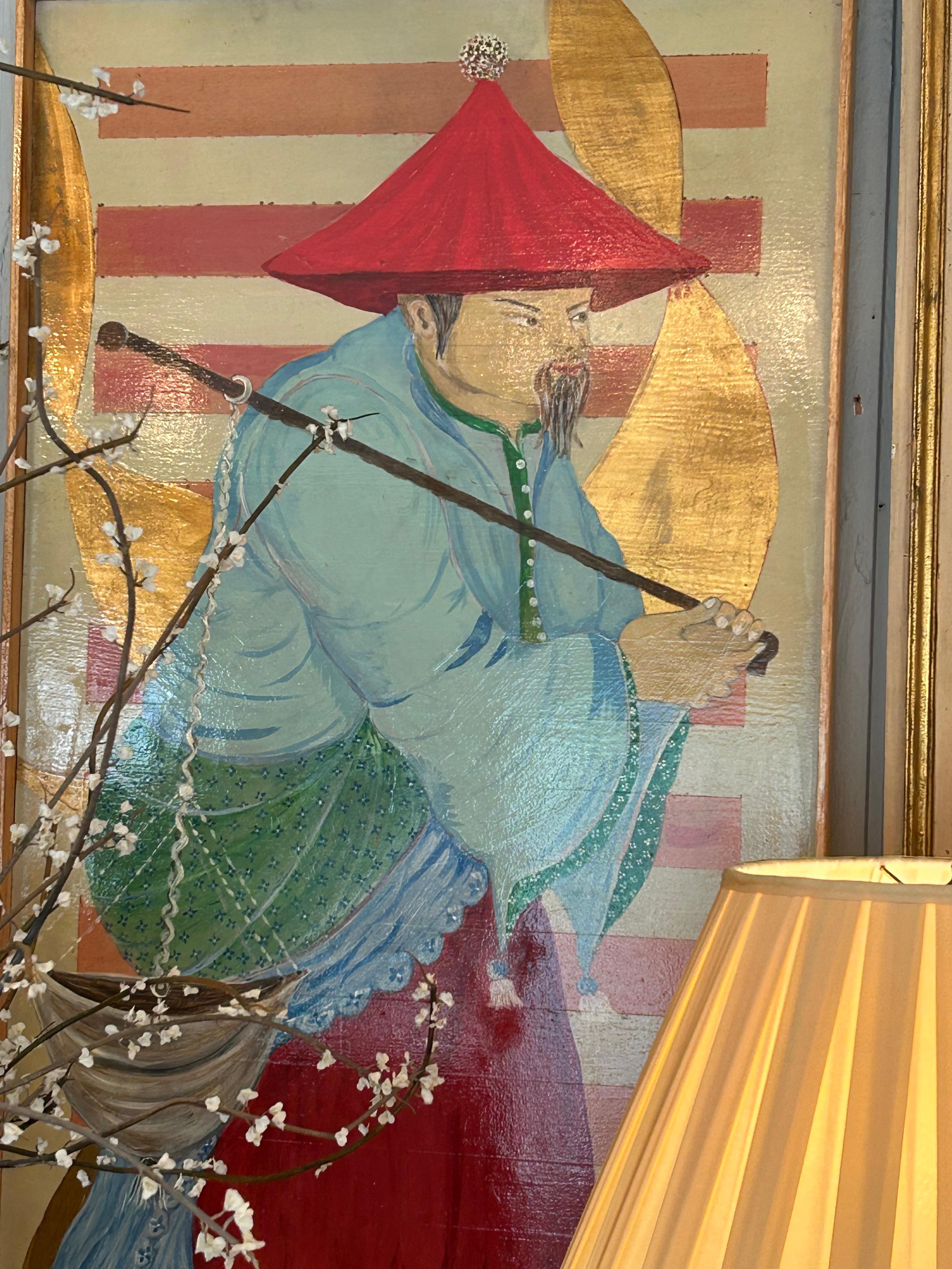 Schönes Paar Originalgemälde auf vertikalen, rechteckigen Tafeln, die chinesische Figuren in traditioneller Kleidung zeigen und eine auffällige, juwelenfarbene Farbpalette und etwas Blattgold aufweisen.  Von der Princetoner Künstlerin Sholeh D.