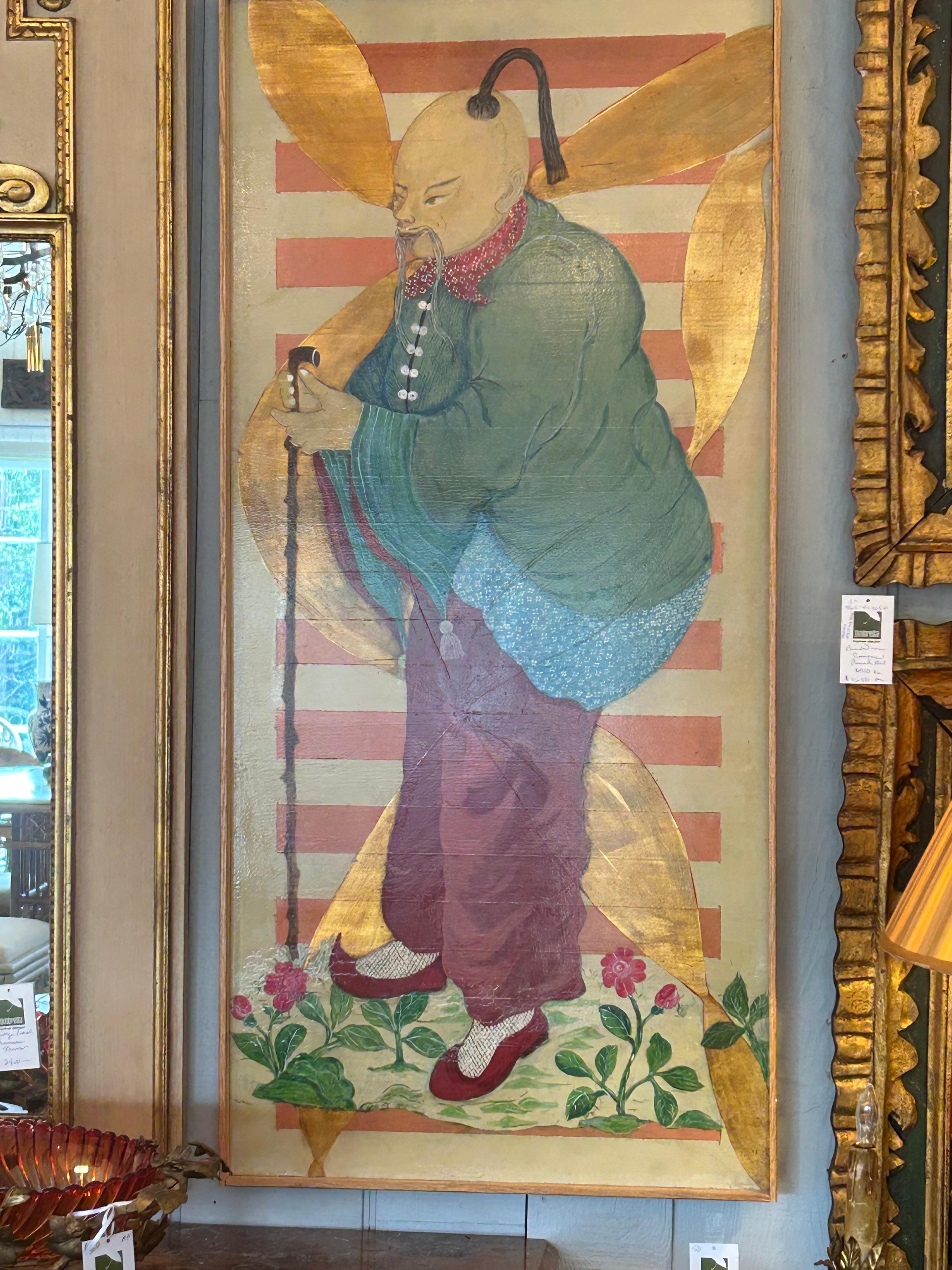 Originales Paar zeitgenössischer Chinoiserie-Figurengemälde auf Tafeln (amerikanisch) im Angebot