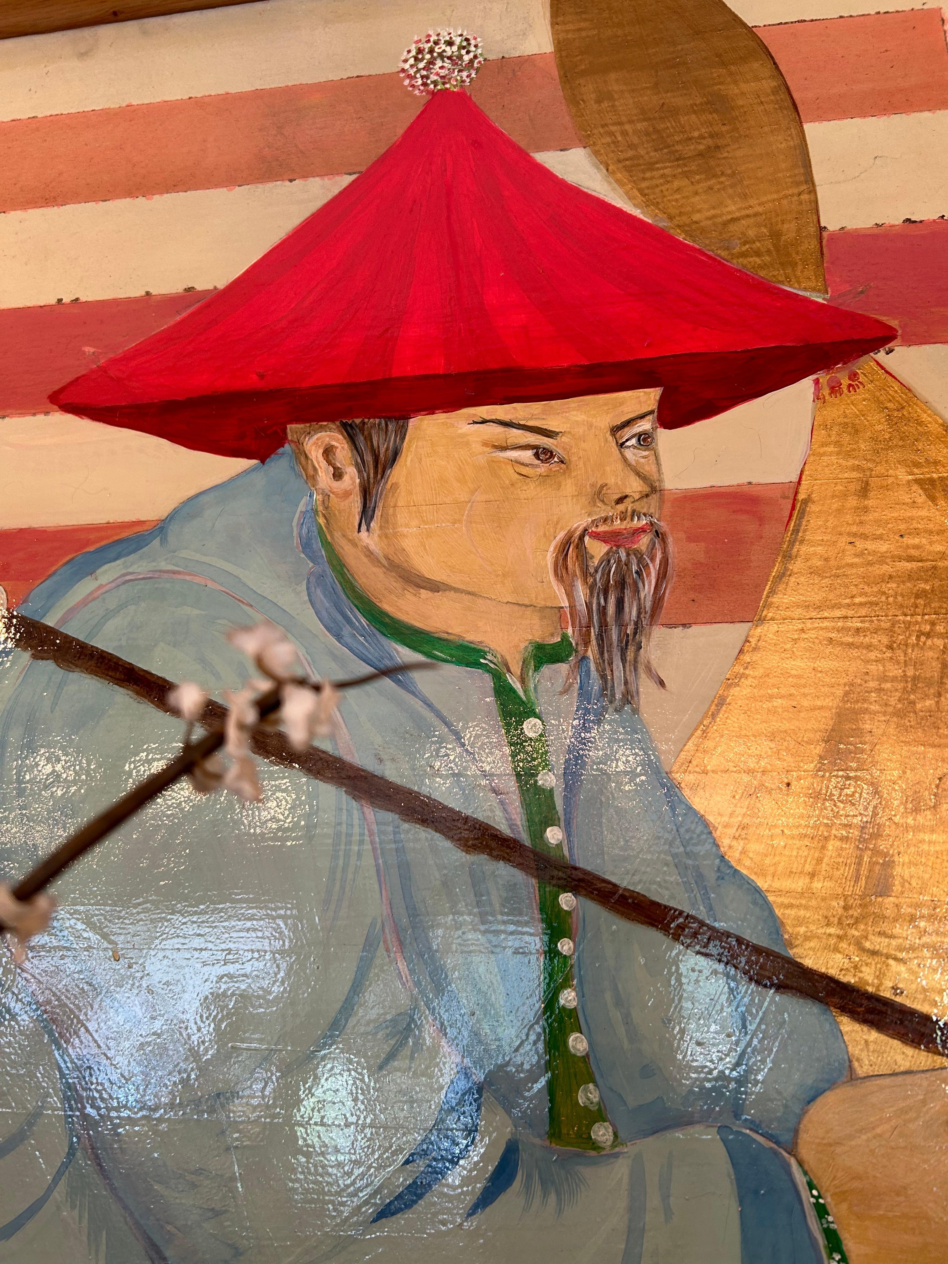 Original Pair of Contemporary Chinoiserie Figural Paintings on Panels In Good Condition For Sale In Hopewell, NJ