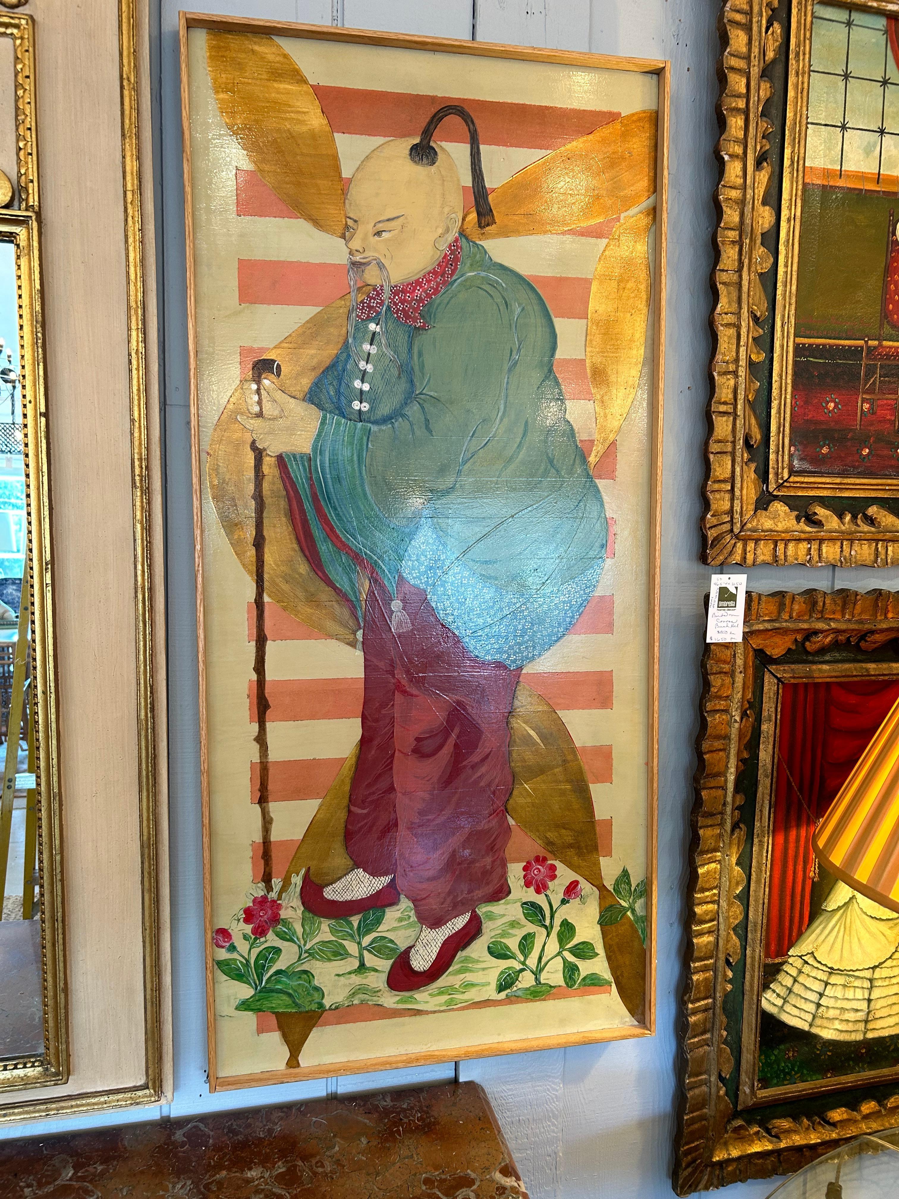 Originales Paar zeitgenössischer Chinoiserie-Figurengemälde auf Tafeln im Angebot 1