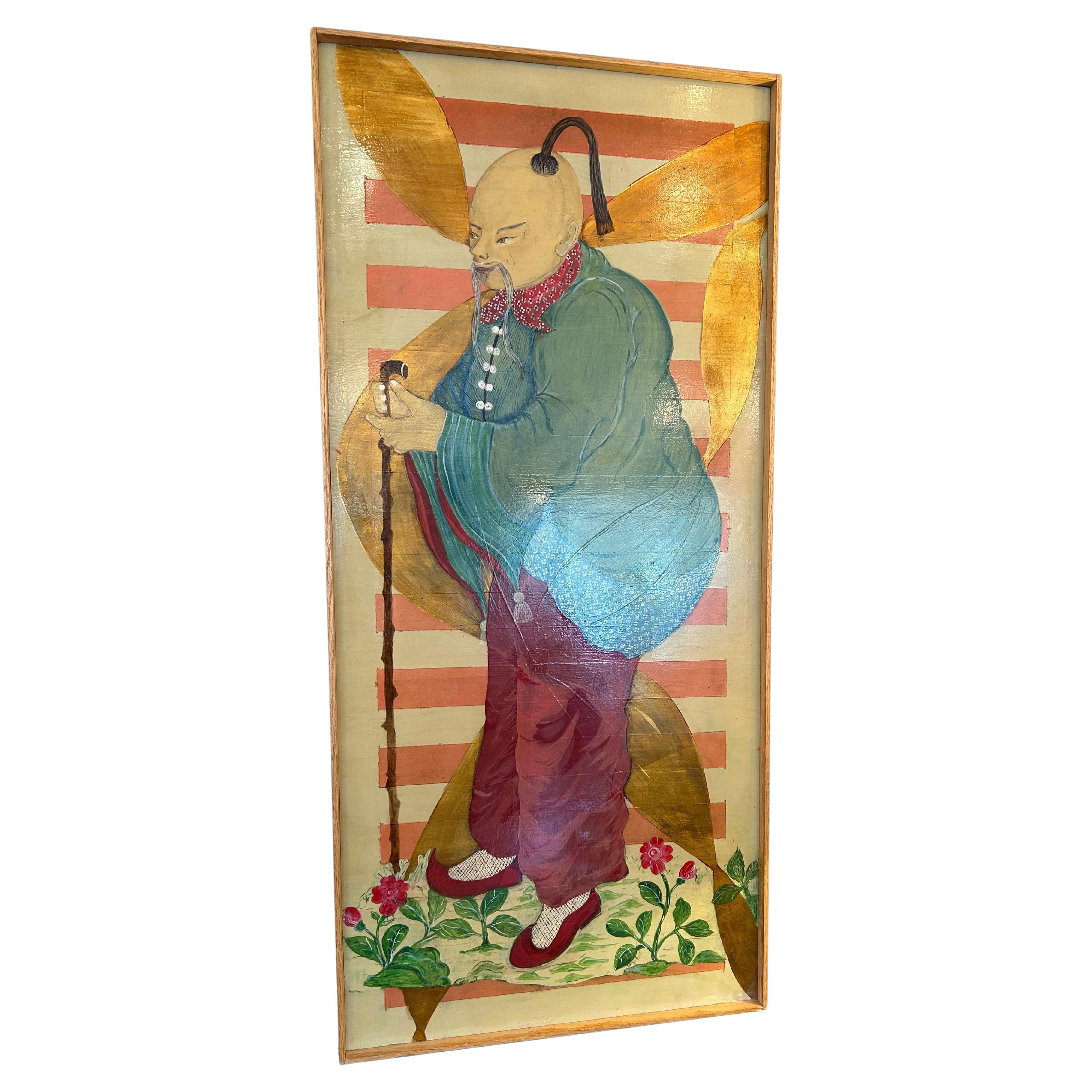 Original Pair of Contemporary Chinoiserie Figural Paintings on Panels