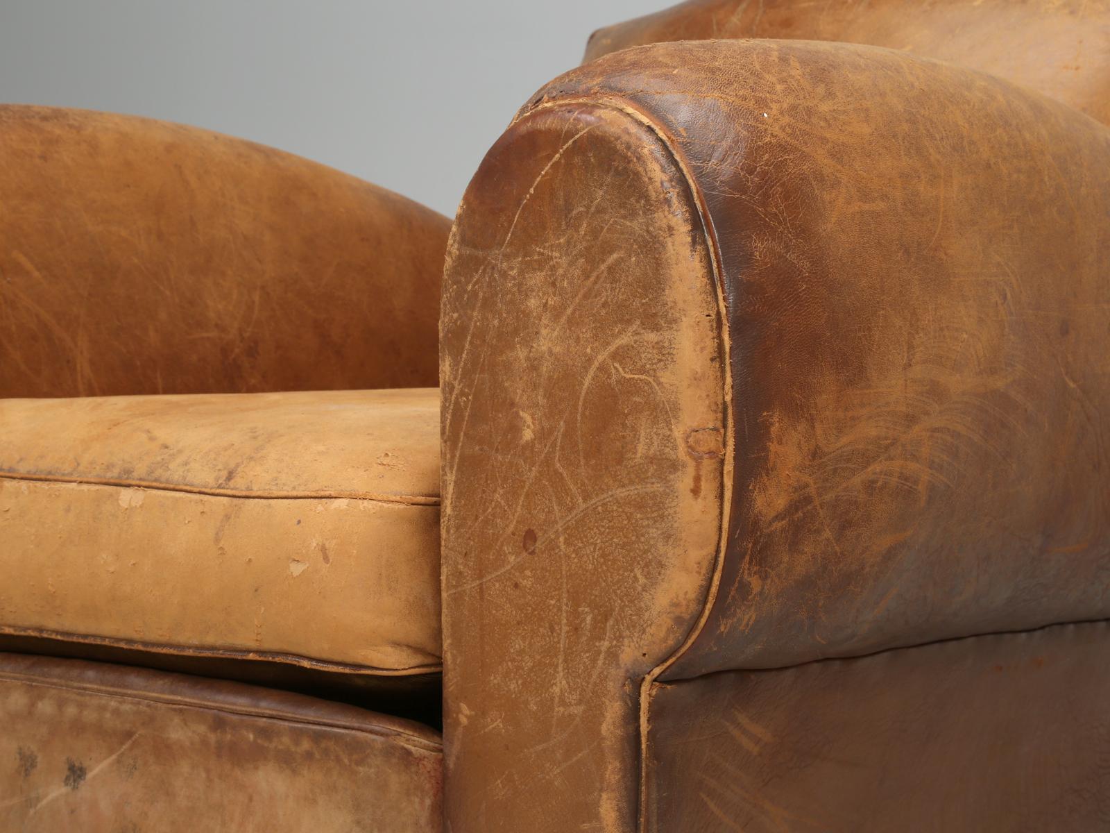 Original Pair of French Leather Club Chairs, Completely Restored Inside Only 9