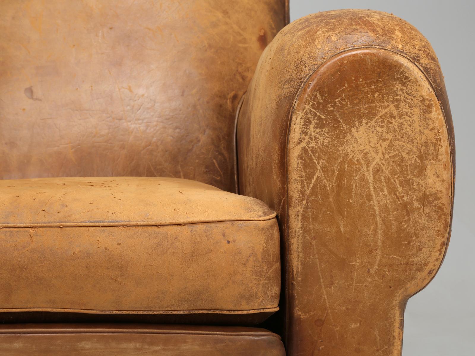 Original Pair of French Leather Club Chairs, Completely Restored Inside Only 10