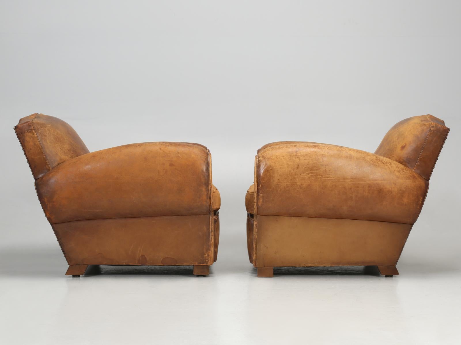 Original Pair of French Leather Club Chairs, Completely Restored Inside Only 12