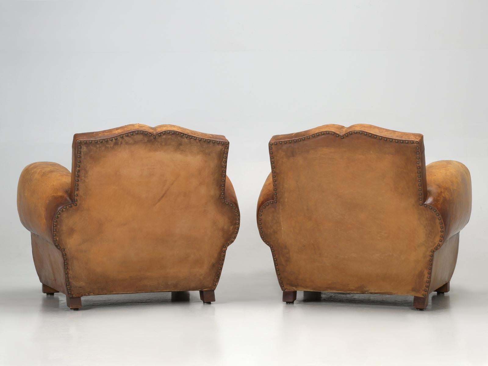 Original Pair of French Leather Club Chairs, Completely Restored Inside Only 13