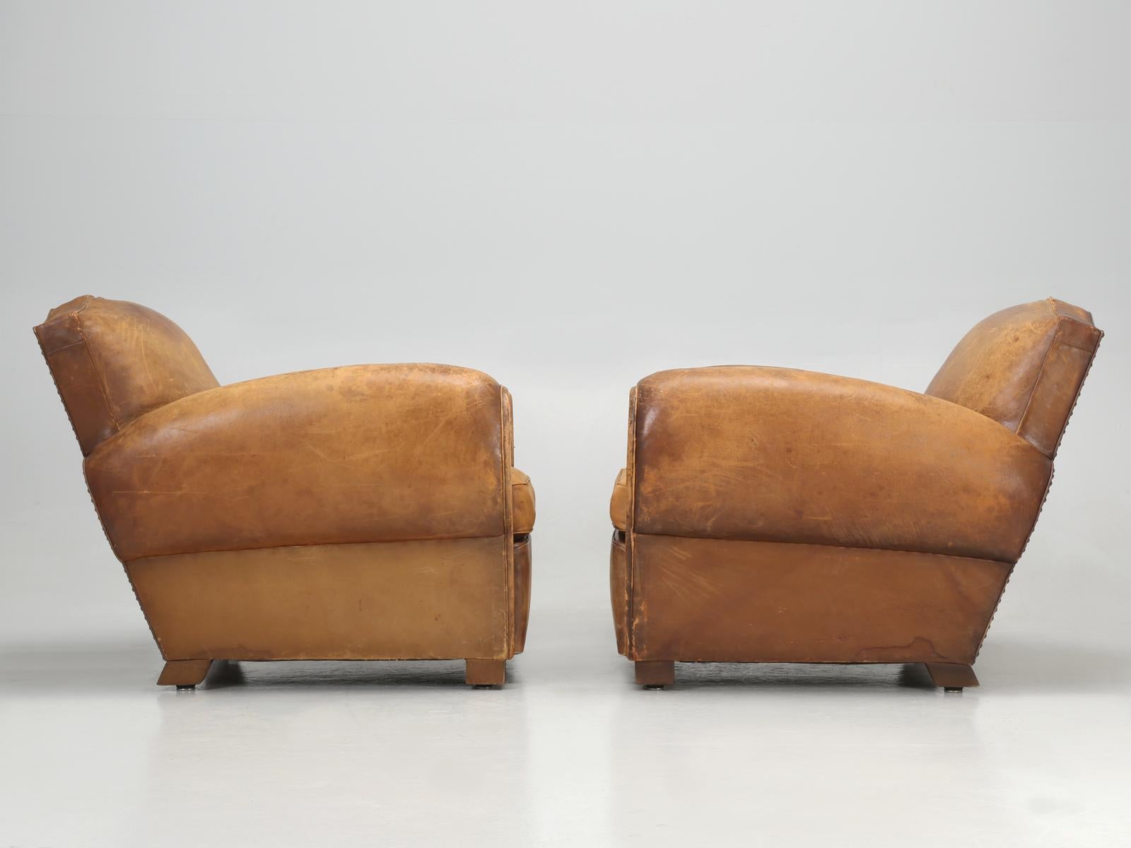 Original Pair of French Leather Club Chairs, Completely Restored Inside Only 14