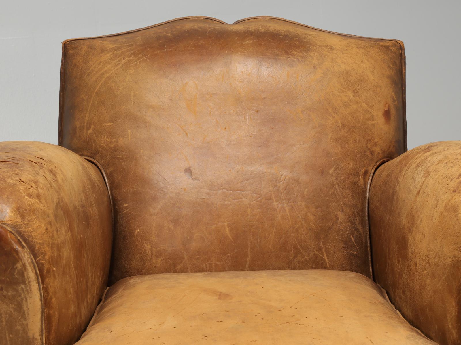Art Deco Original Pair of French Leather Club Chairs, Completely Restored Inside Only